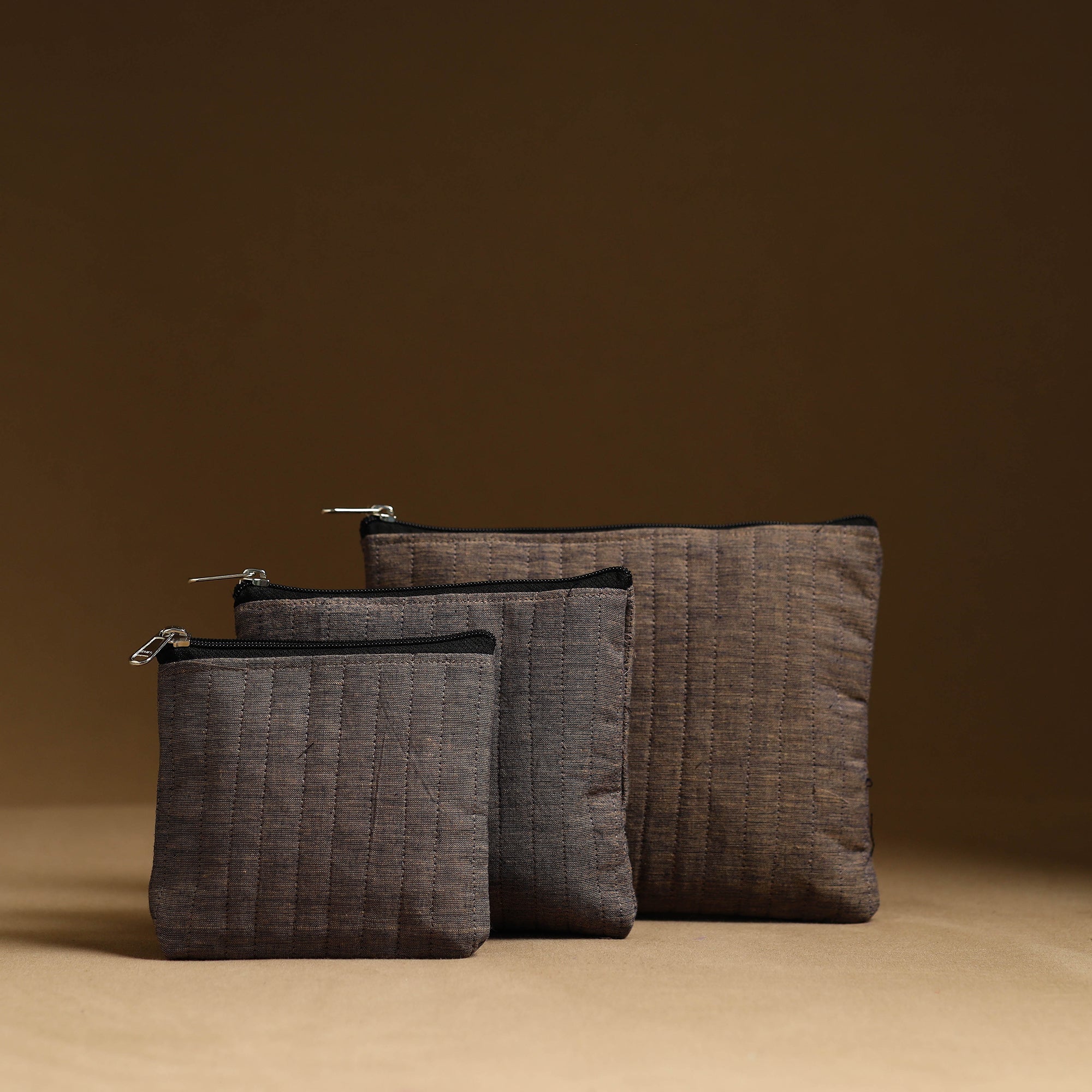 NOORI BAZAR Brown - Handmade Cotton Multipurpose Utility Pouches (set of 3) 09