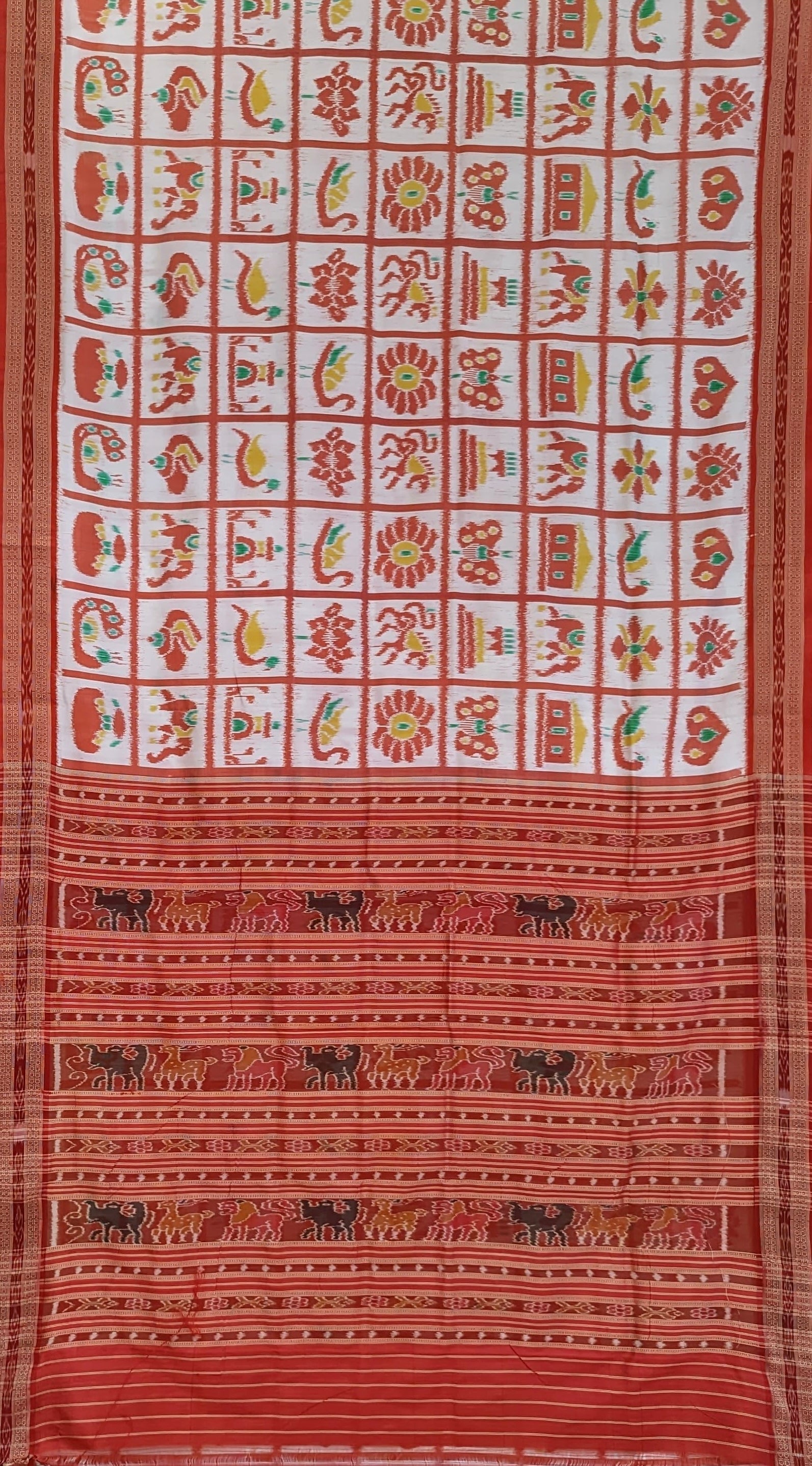 IndianVillèz White Red Nabakothi Theme Odisha Ikat Khandua Silk Saree