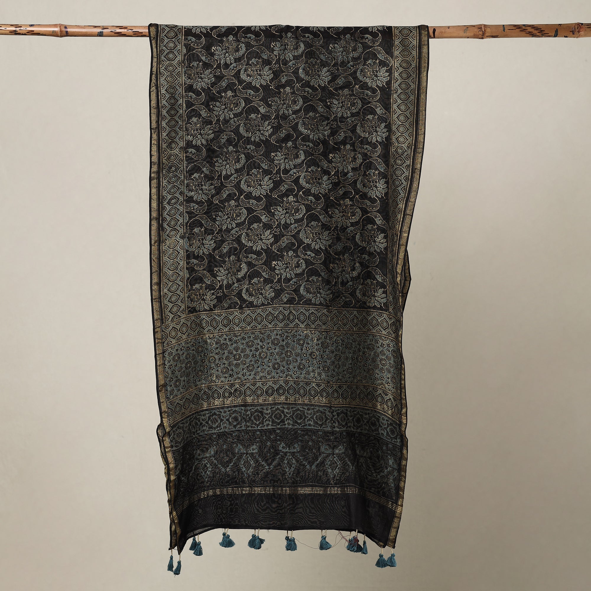 AJRAKH BY SUFIYAN ISMAIL KHATRI Black - Ajrakh Hand Block Printed Chanderi Silk Handloom Stole with Tassels - view 2