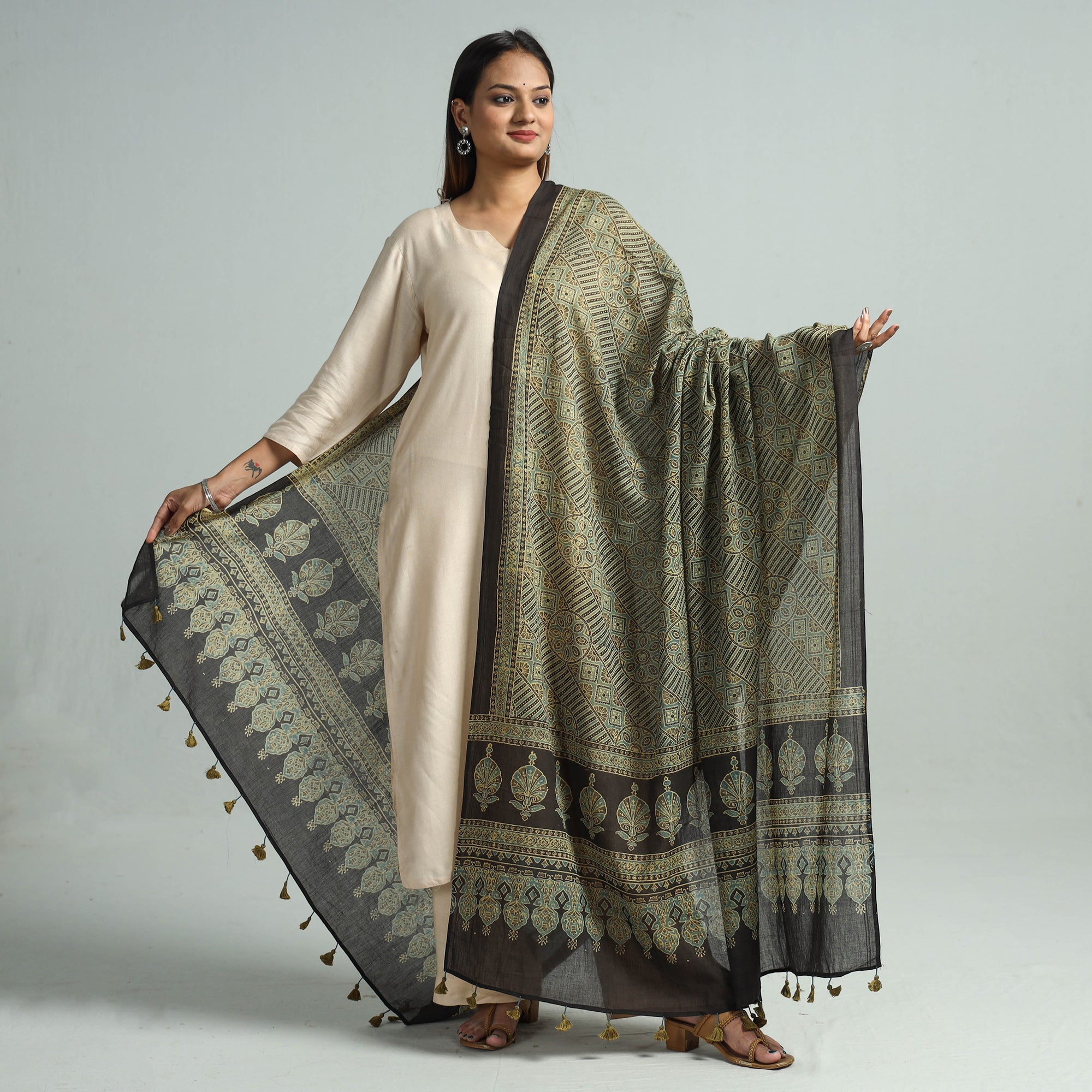 AJRAKH BY SUFIYAN ISMAIL KHATRI Brown - Hand Block Printed Cotton Ajrakh Dupatta 44