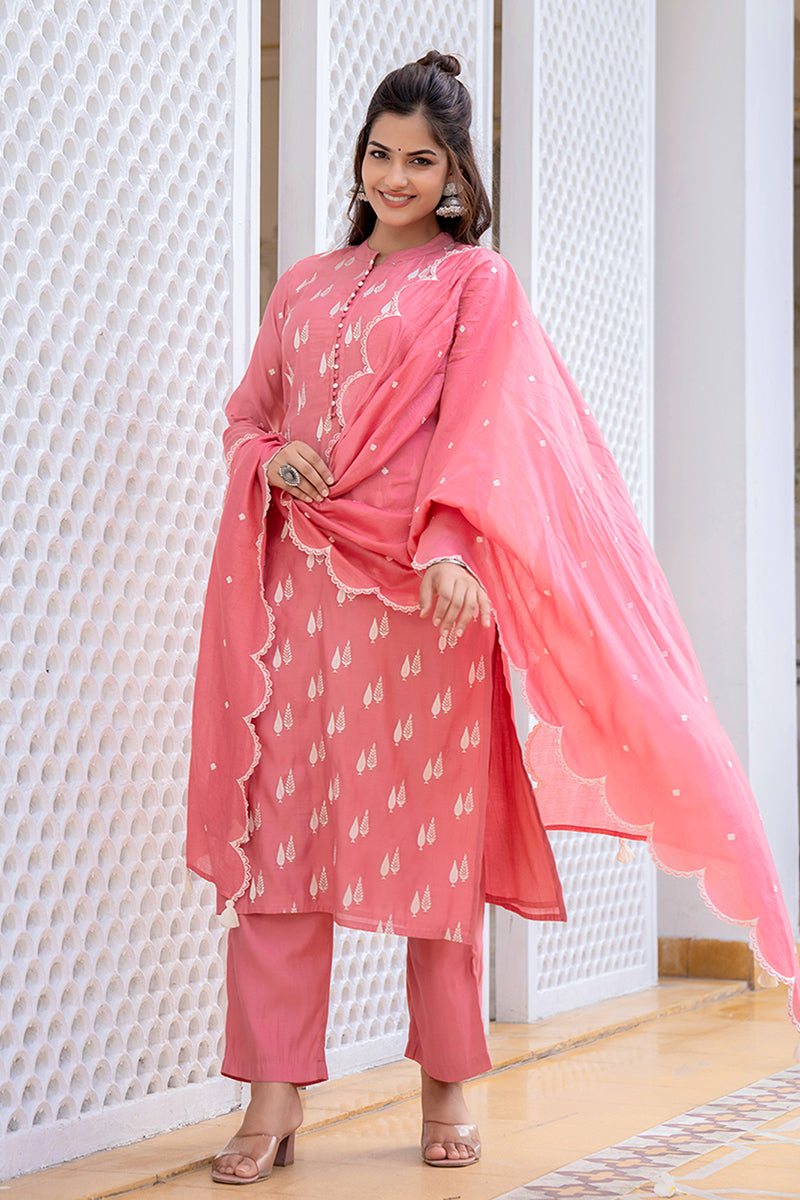 Ahika Pink Silk Blend Solid Embroidered Straight Suit Set With Trouser Bottom PKSKD2687 - view 5