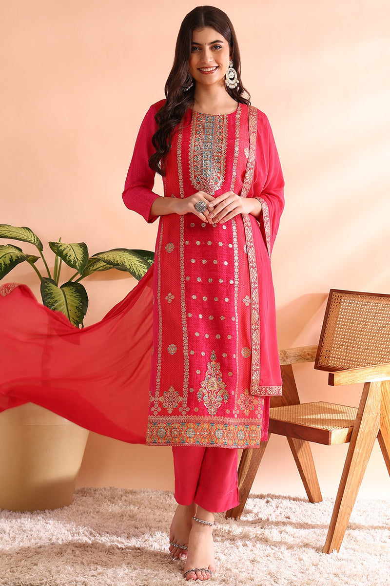 Ahika Pink Organza Ethnic Motifs Hand Work Woven Design Straight Trouser Bottom Suit Set PKSKD2587