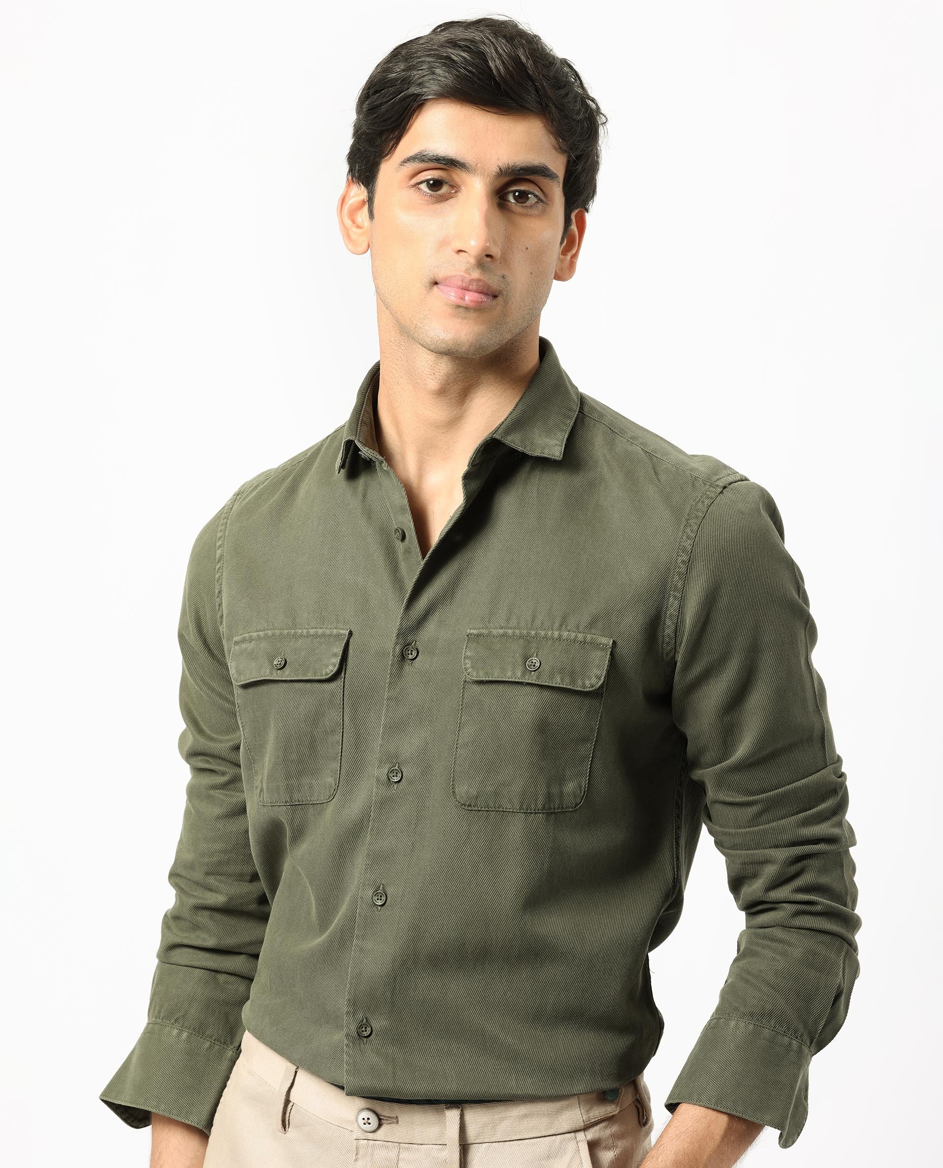 Rare Rabbit Men's Lipton Dark Olive Cotton Fabric Full Sleeves Twill Shirt