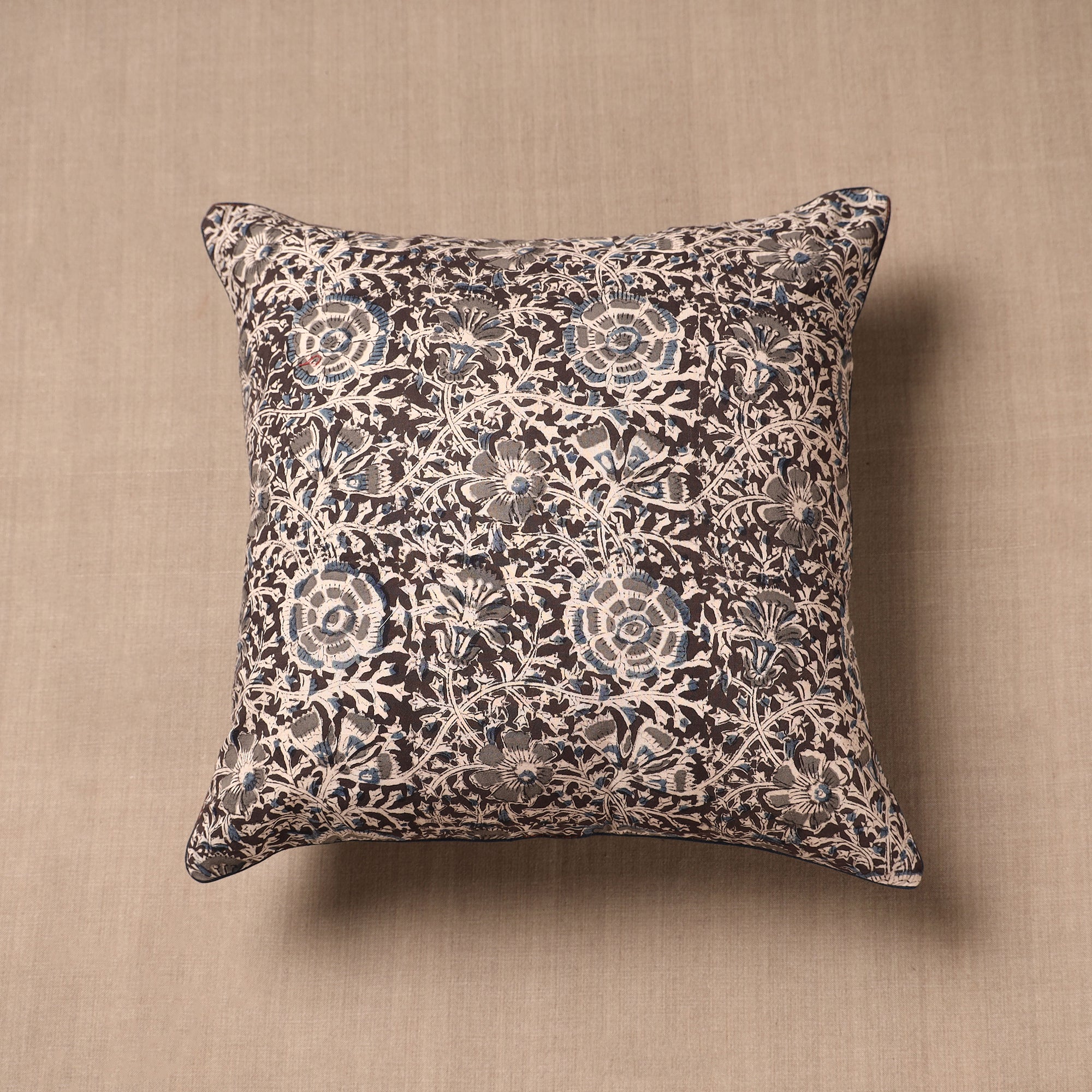 NOORI BAZAR Brown - Block Print Cotton Kalamkari Cushion Cover (16 x 16 in)