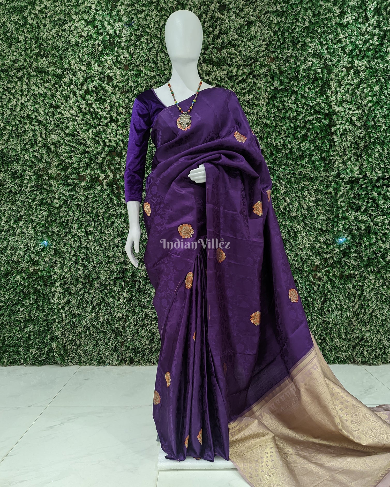 IndianVillèz Purple Without Border Pure Kanjivaram Silk Saree