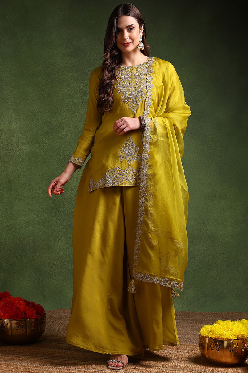 Ahika Lime Green Silk Blend Embroidered Straight Palazzo Suit Set PKSKD2609