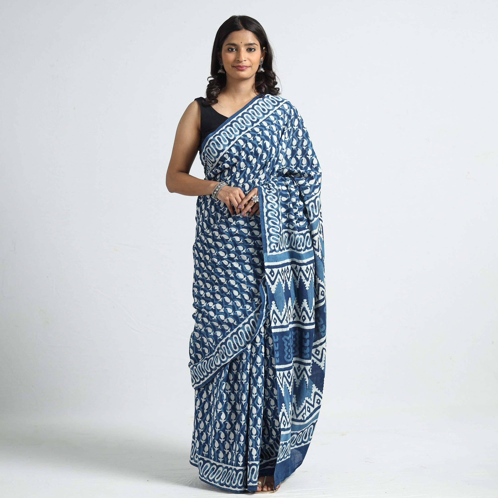 ARTISAN HAND BLOCK PRINTS Blue - Bagru Dabu Block Printed Mul Cotton Saree
