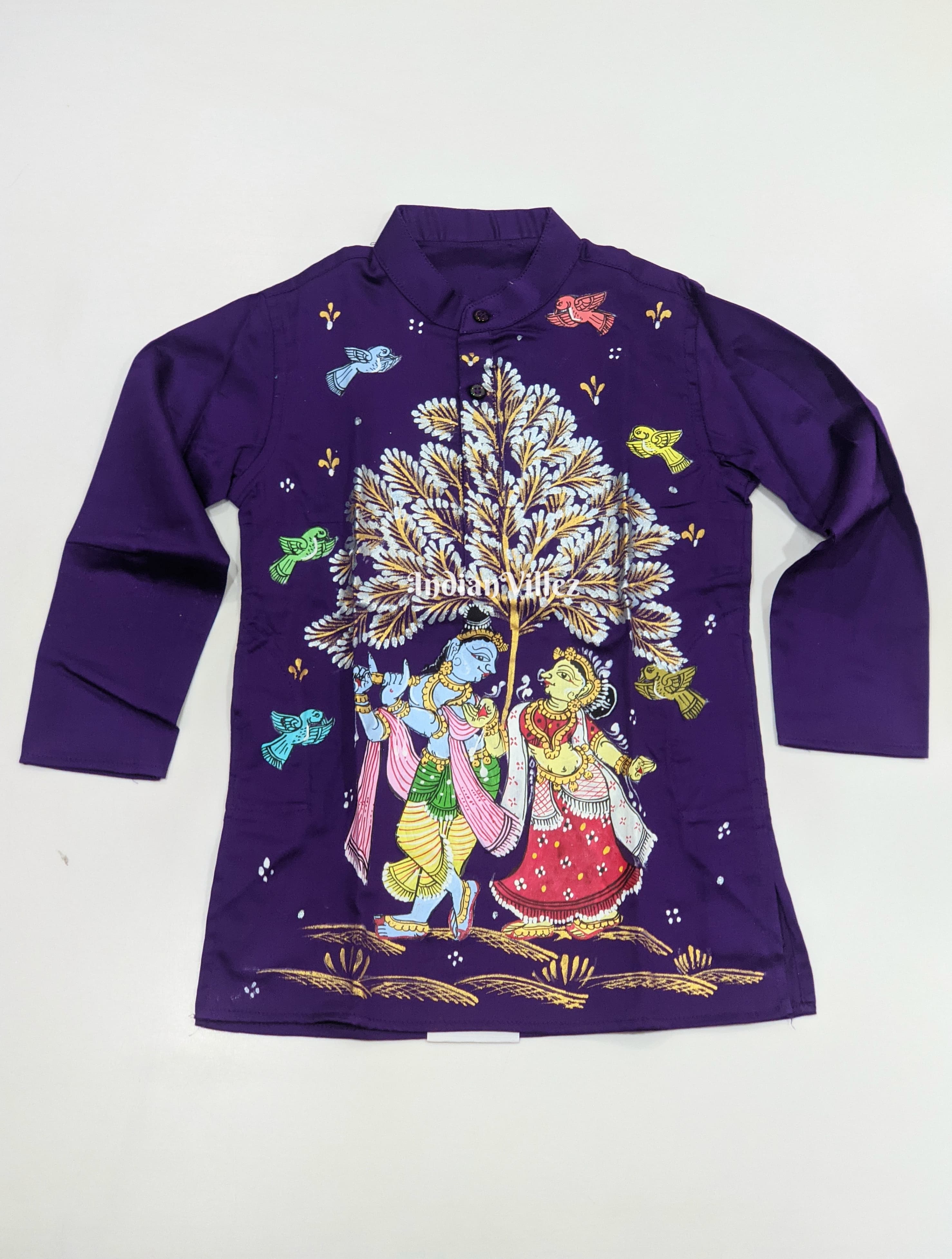 IndianVillèz Dark Purple Boys Radha Krishna Theme Pattachitra Kids Kurta & Pyjama Set - view 2
