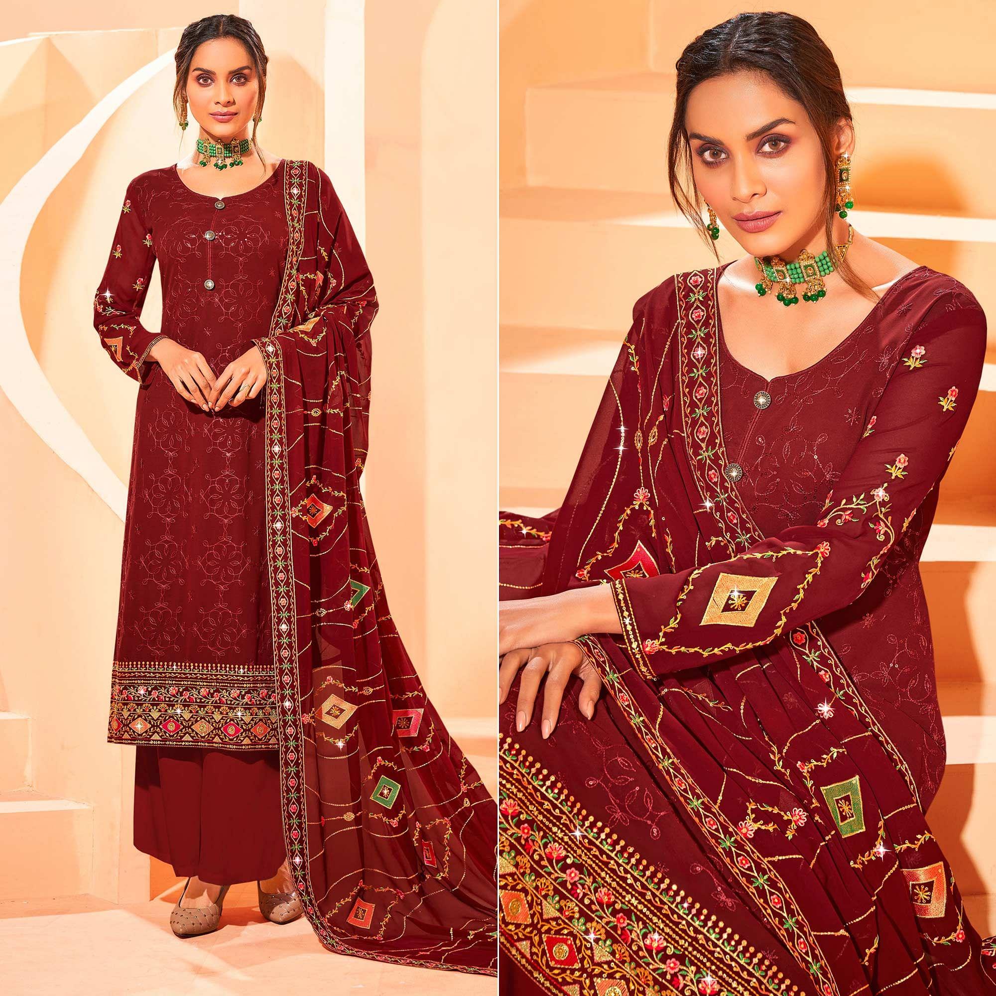 Peachmode Maroon Partywear Embellished With Embroidered Georgette Palazzo Suit