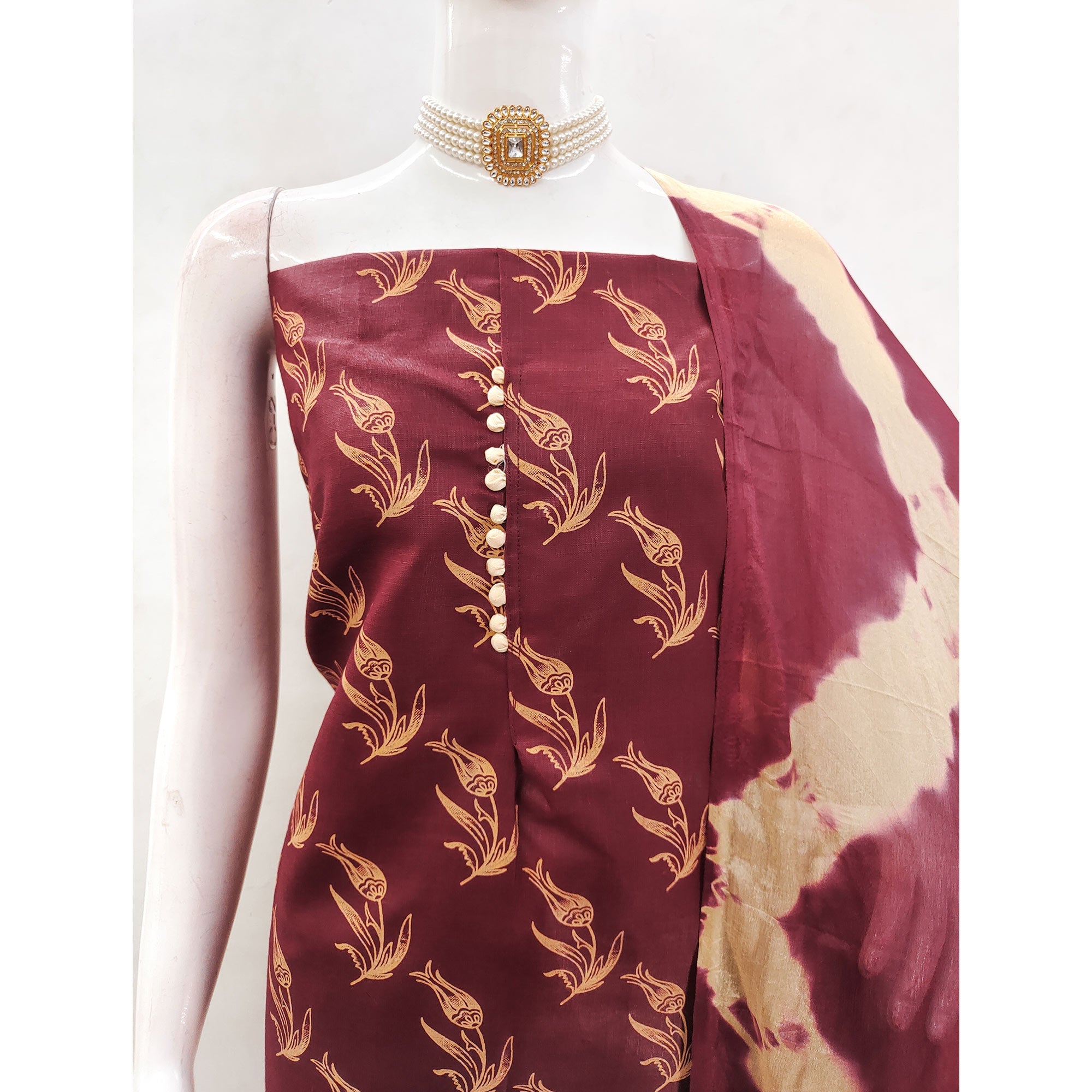 Peachmode Maroon Floral Printed Slub Cotton Dress Material - view 6