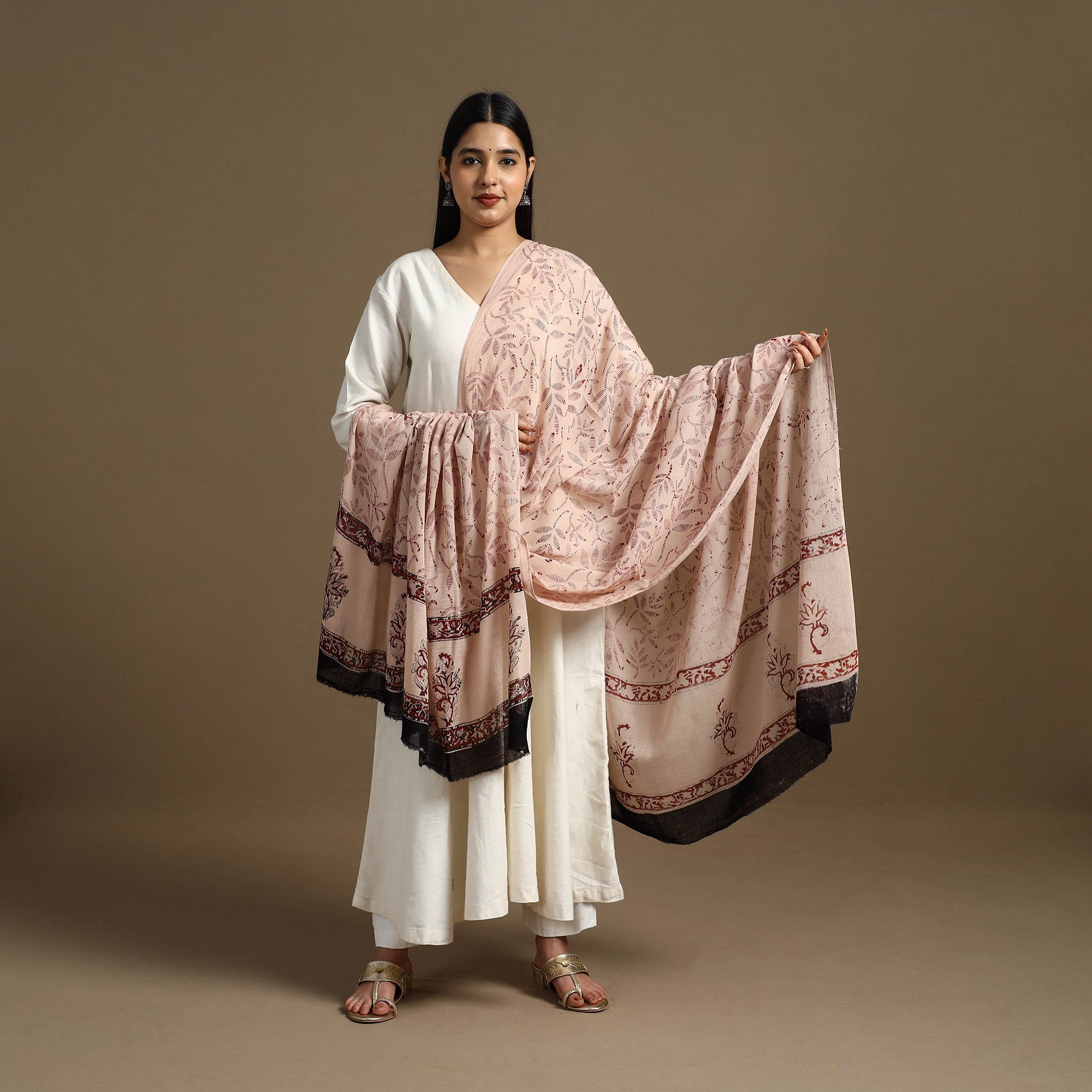 ARTISAN HAND BLOCK PRINTS Beige - Block Print Mul Cotton Bagru Dupatta 12