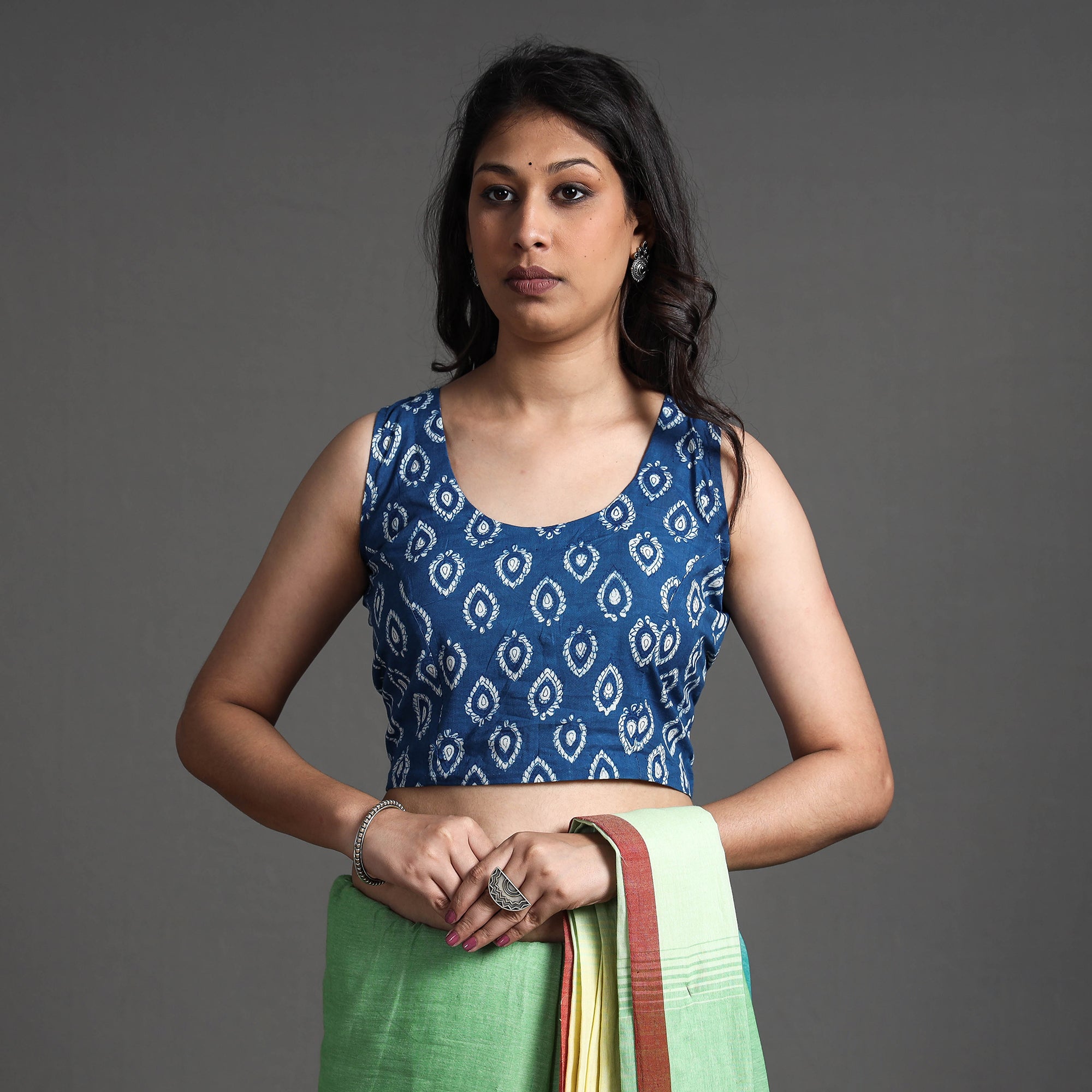 ITOKRI CASUALS Blue - Bagru Dabu Block Printed Cotton Stitched Sleeveless Blouse - view 2