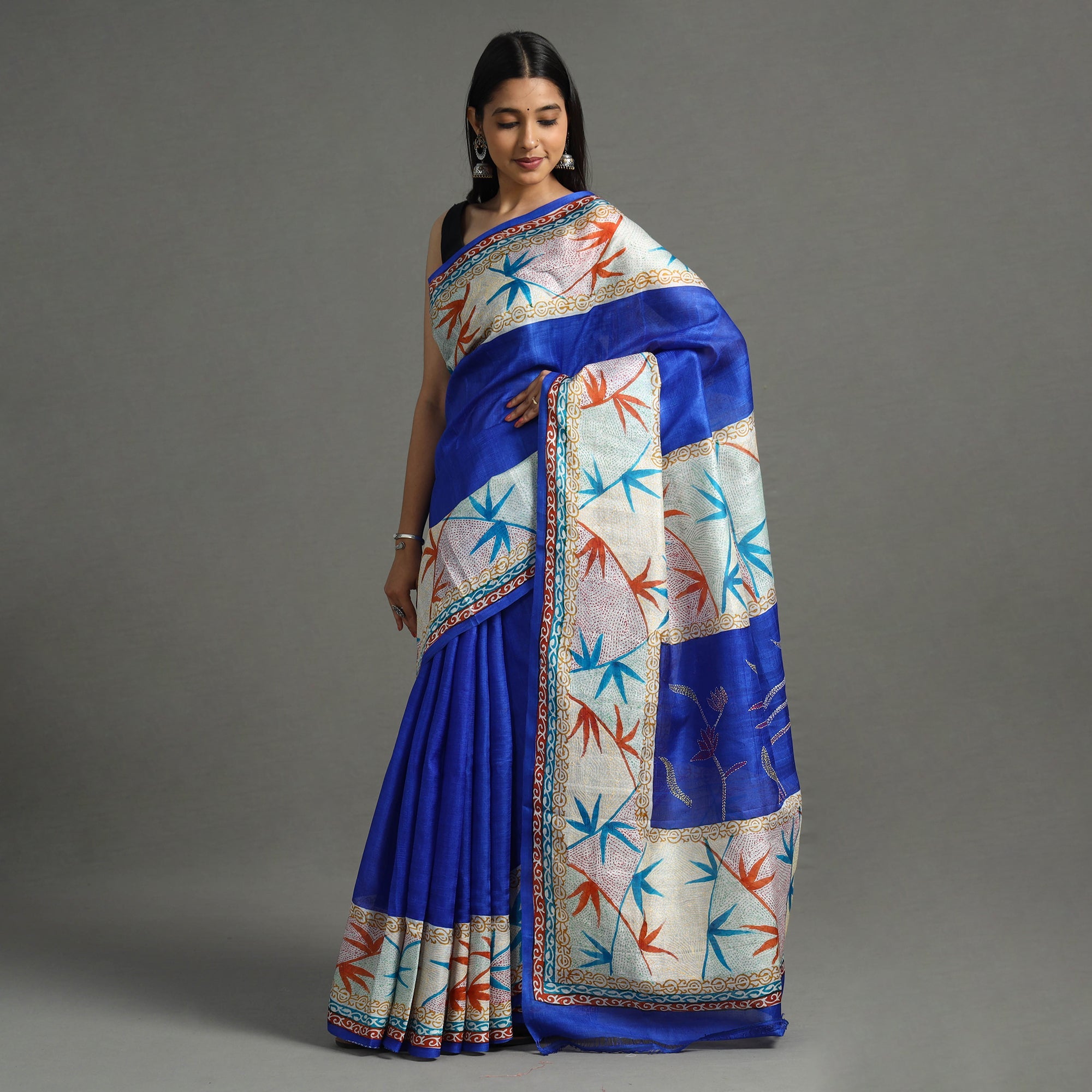 KHUSHBASH - HAPPY LOOM OF EAST Blue - Bengal Kantha Hand Embroidery Block Printed Tussar Silk Handloom Saree - view 2