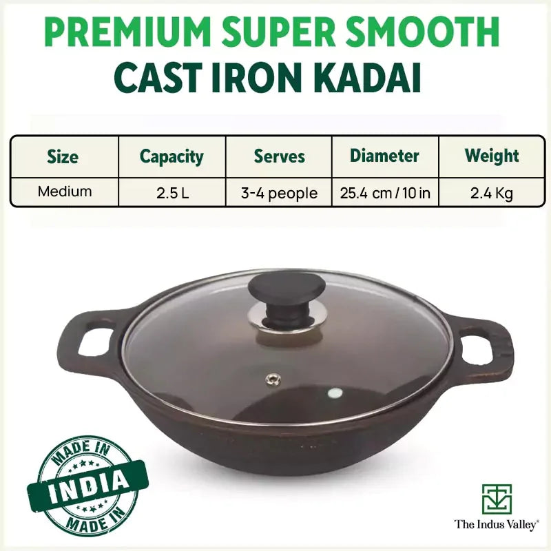 The Indus Valley Super Smooth Cast Iron Kadai (Wok)+ Glass Lid, Pre-seasoned, Nonstick, 100% Pure,Toxin-free, 25.4cm, 2.5L, 2.4kg - view 3