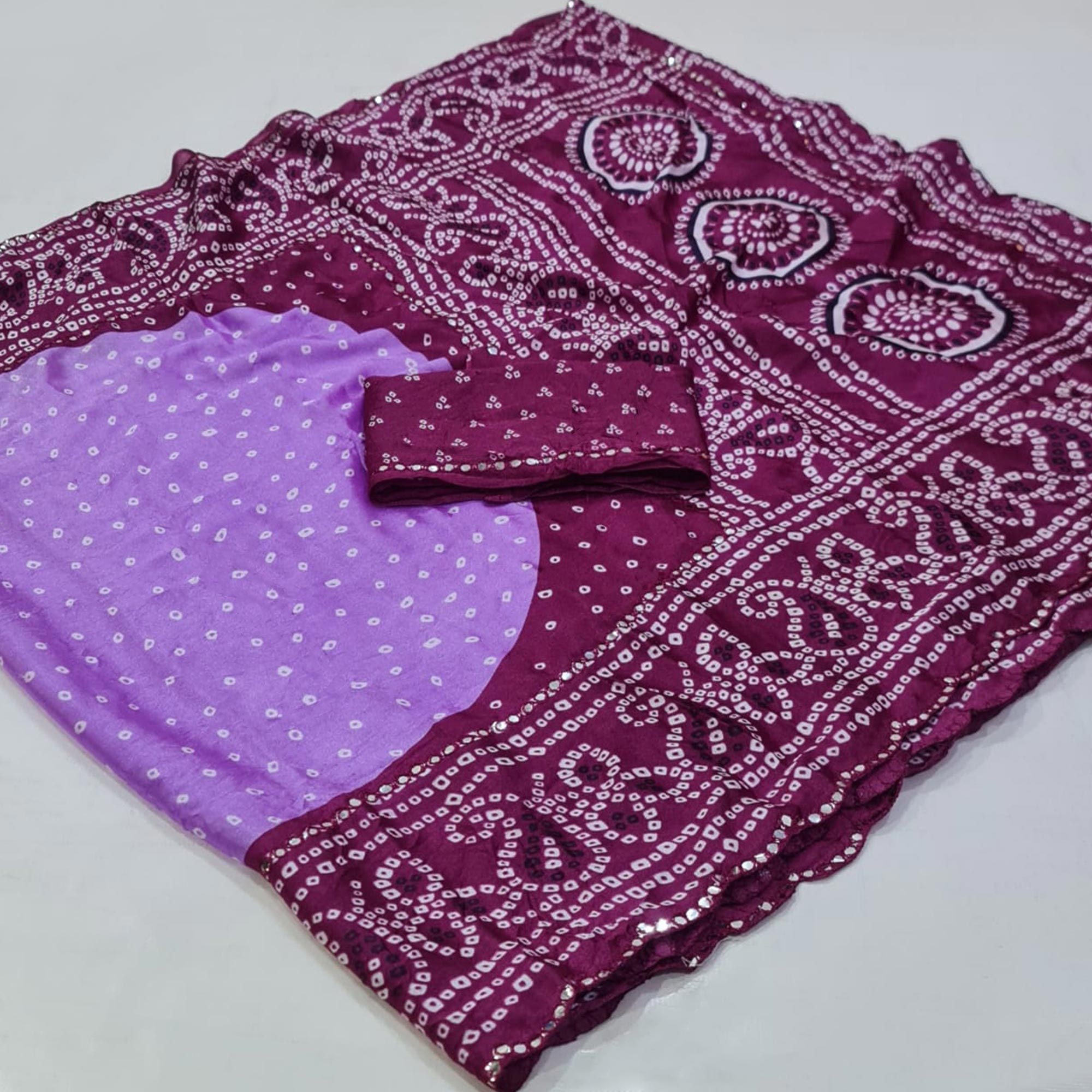 Peachmode Lavender & Wine Bandhani Printed Chiffon Saree