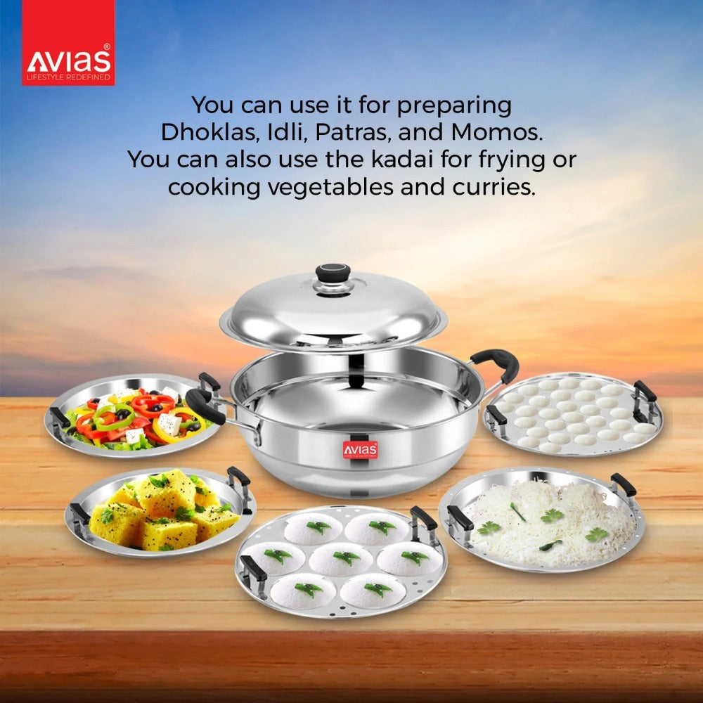 AVIAS All Rounder Multi Kadhai Plus | High Quality And Food-Grade Stainless Steel | Gas & Induction Compatible | Idli with Dhokla Plates - view 8