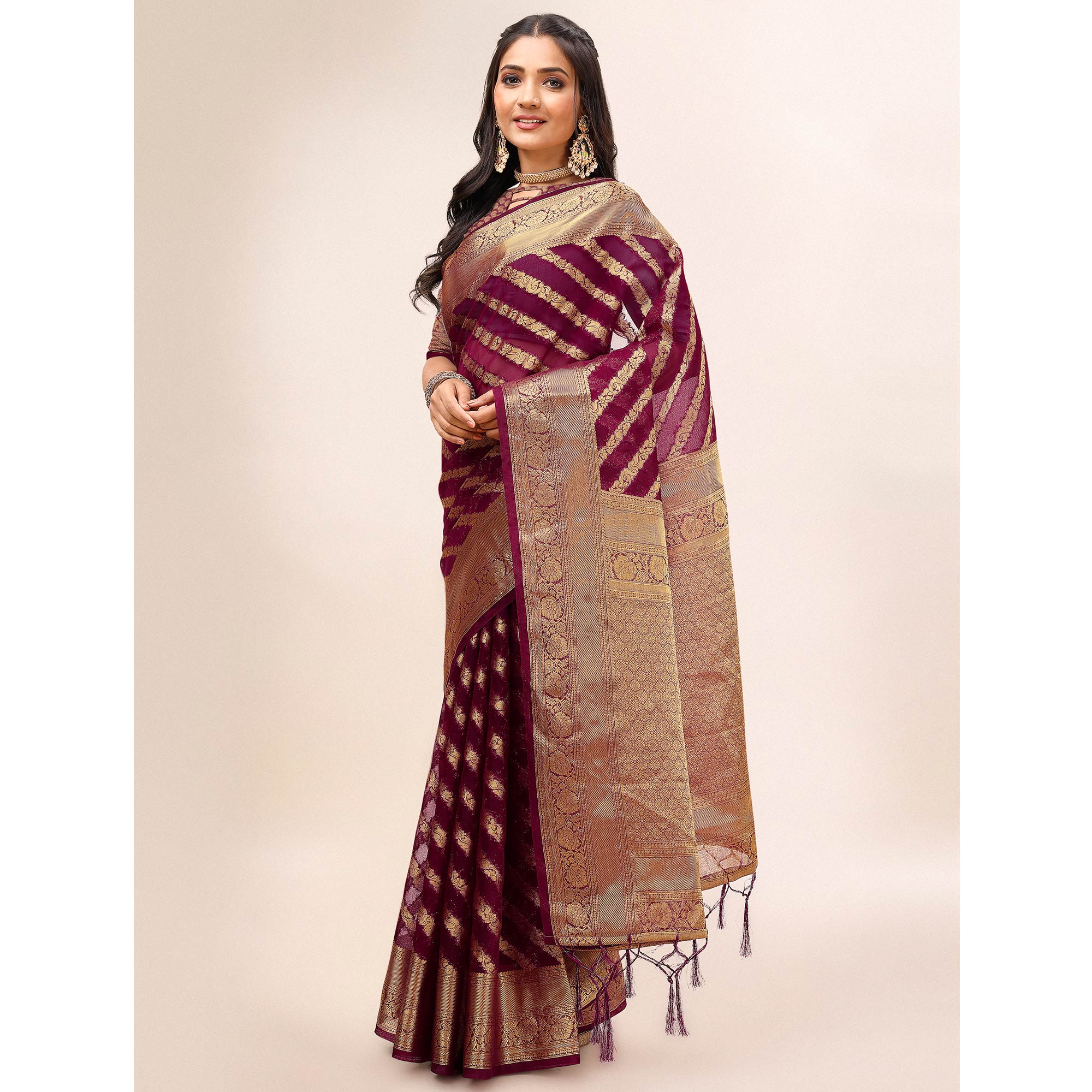 Peachmode Maroon Woven Organza Saree With Tassels - view 4