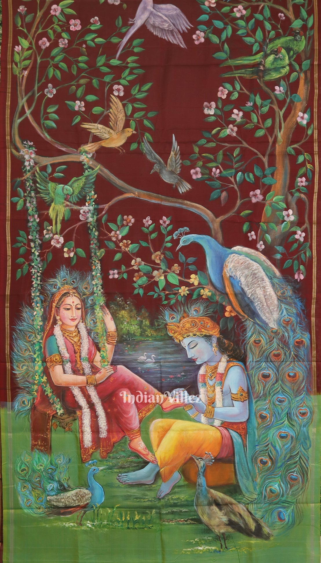 IndianVillèz Maroon Radha Krishna Hand-Painted Silk Saree