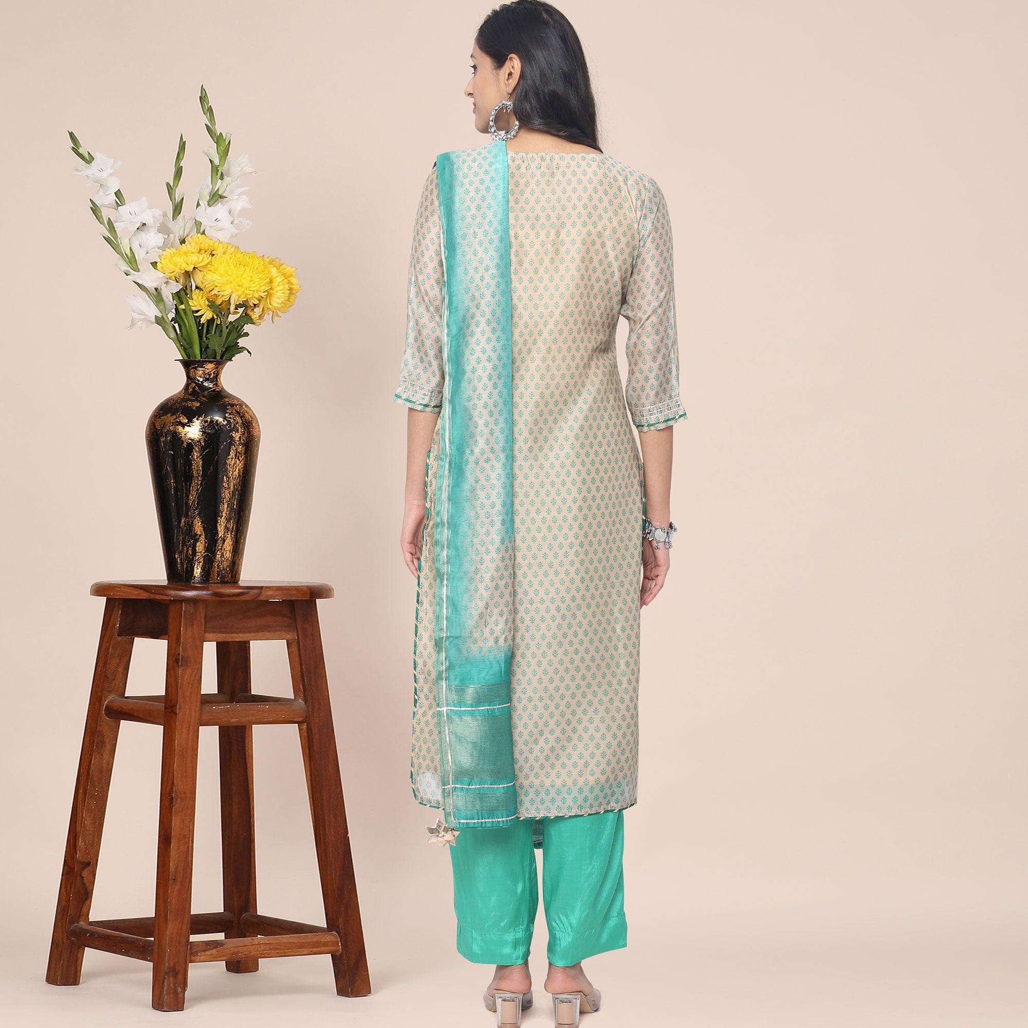 Peachmode Cream Patywear Embroidered Muslin Kurti Pant Set With Dupatta - view 3