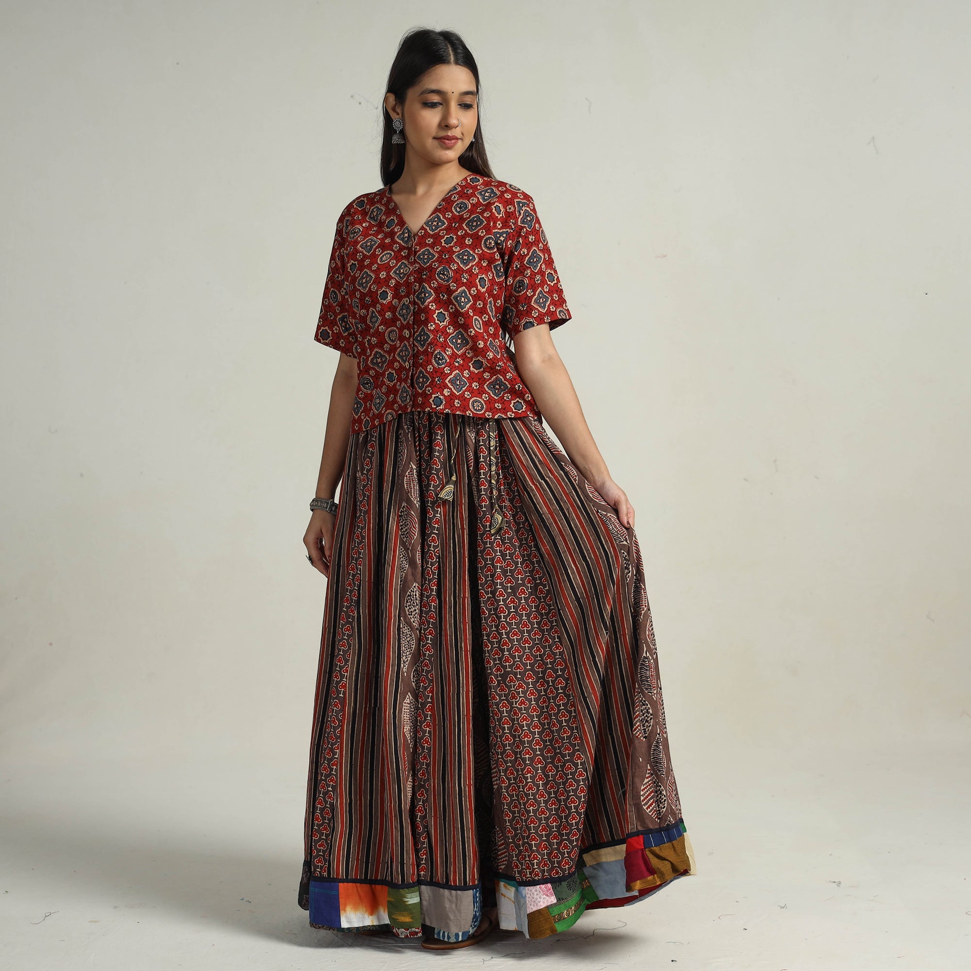 NOORI BAZAR Brown - Kutch Block Printed 24 Kali Cotton Long Skirt 19