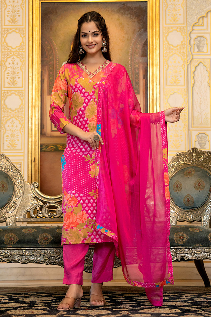 Ahika Pink Silk Blend Floral Printed Straight Suit Set With Trouser Bottom PKSKD2703 - view 2