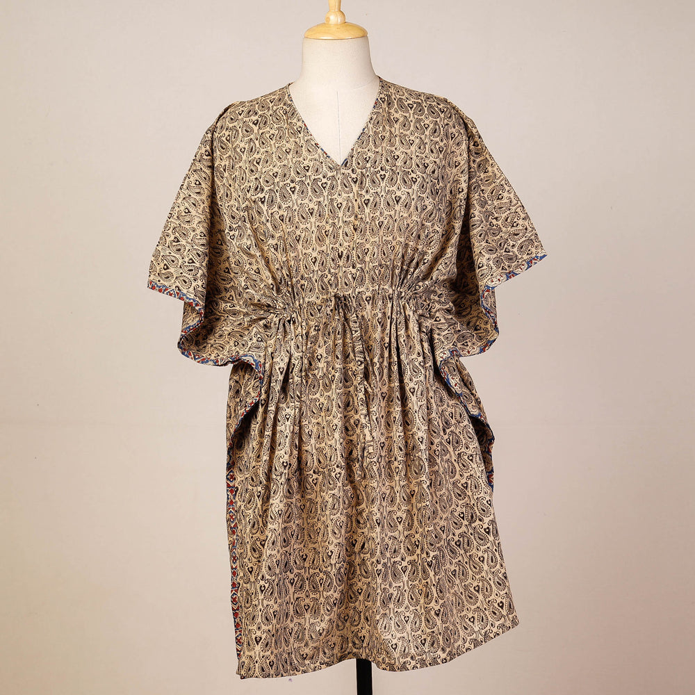 CHUTNEY CRAFT STUDIO Beige - Block Print Cotton Kalamkari Kaftan with Tie-Up Waist (Medium)
