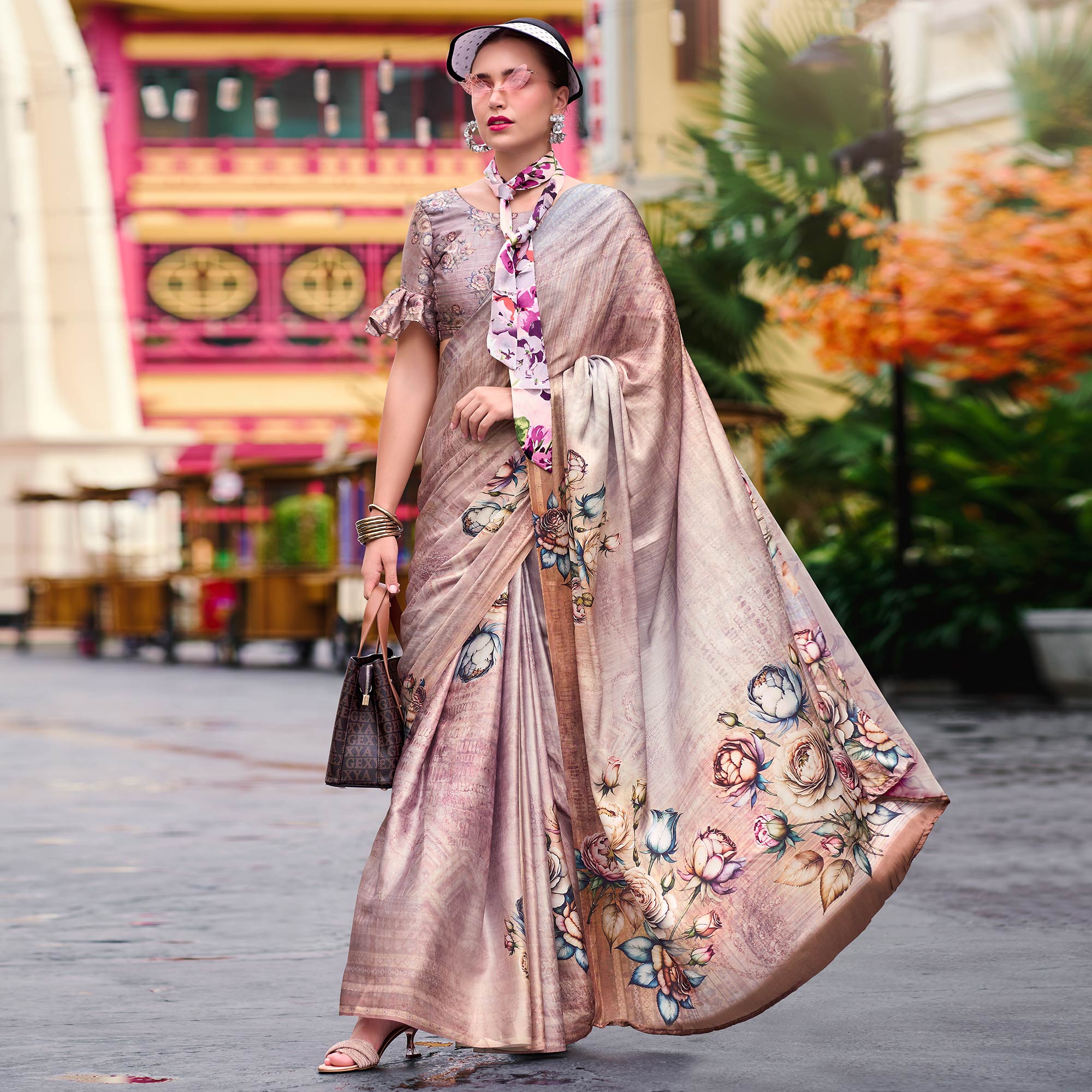Peachmode Dusty Rose Pink Floral Digital Printed Pure Satin Saree - view 2