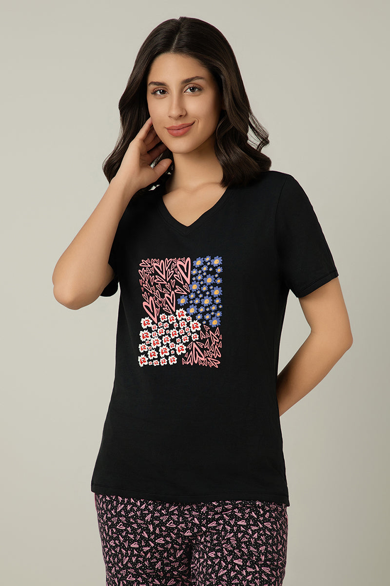 Amante V-Neck Sleep Tee - Floral Heart Print