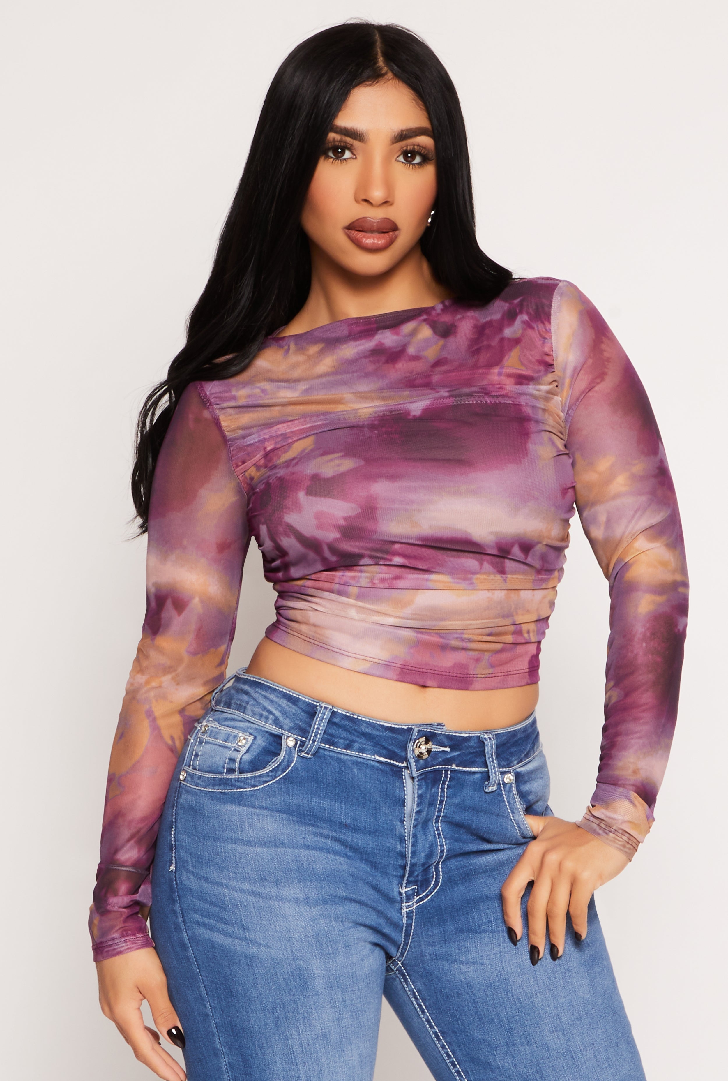 Rainbow Shops Mesh Abstract Floral Print Ruched Top