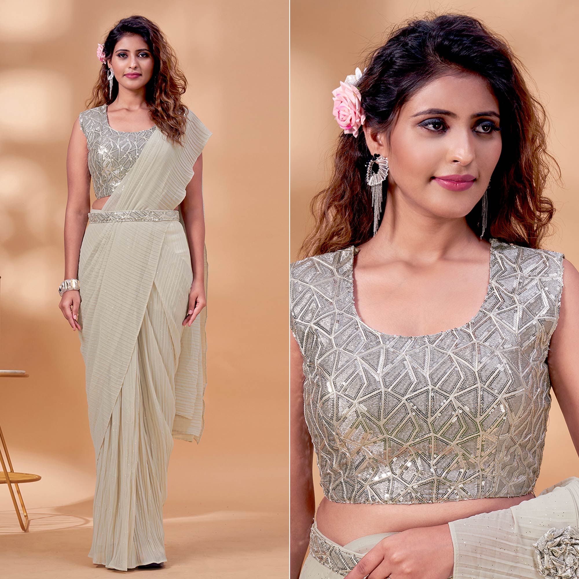 Peachmode Cream Sequins Embroidered Ready to Wear Georgette Saree