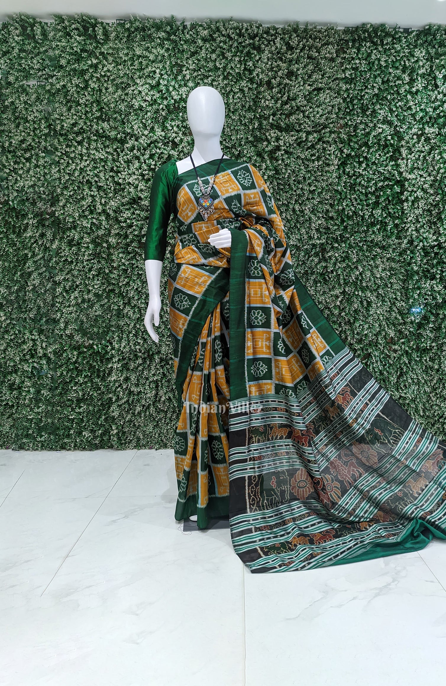 IndianVillèz Green Golden Odisha Ikat Contemporary Silk Saree