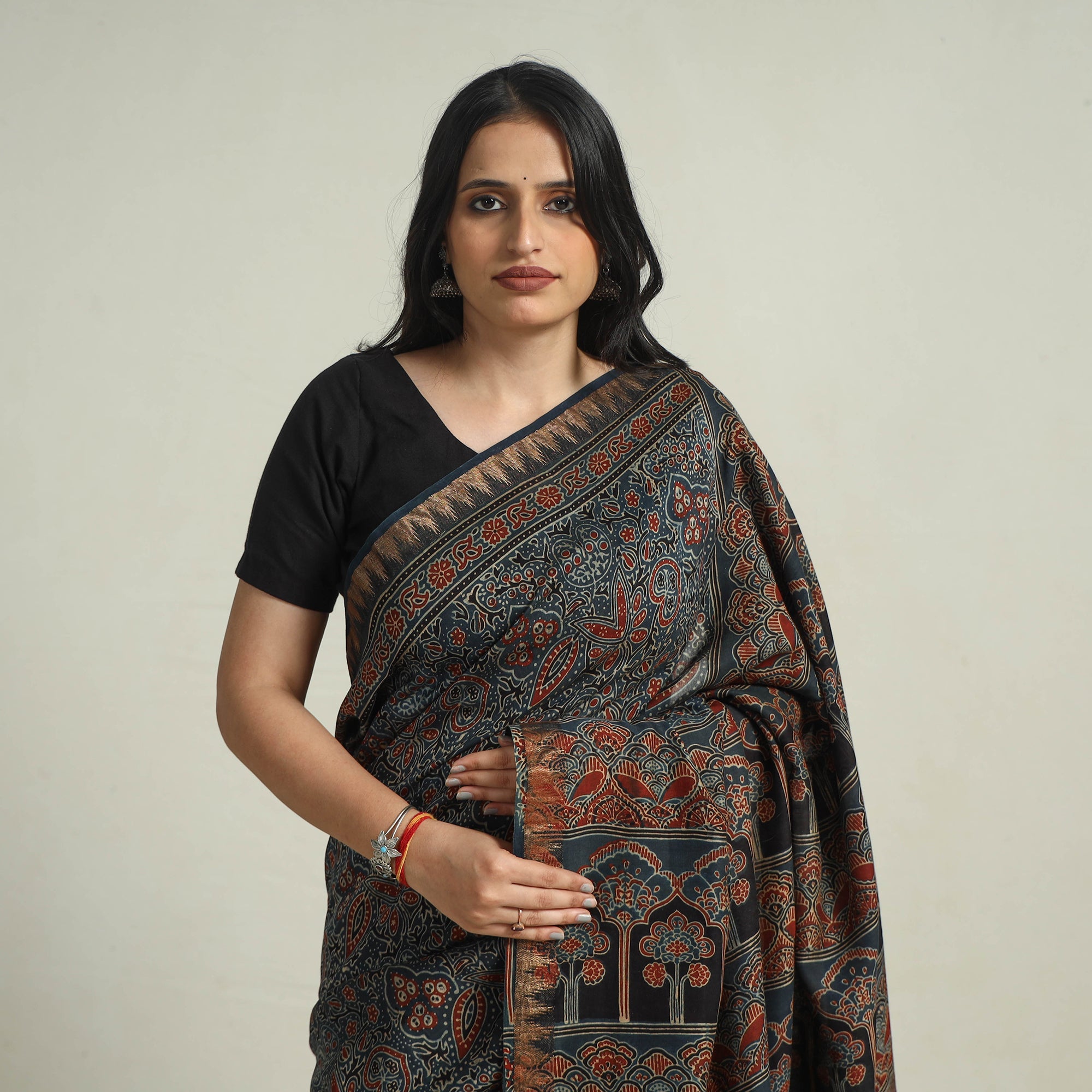 RIYAZ ABDULMAJID KHATRI - AJRAKH Blue - Block Printed Chanderi Silk Ajrakh Saree 12 - view 3