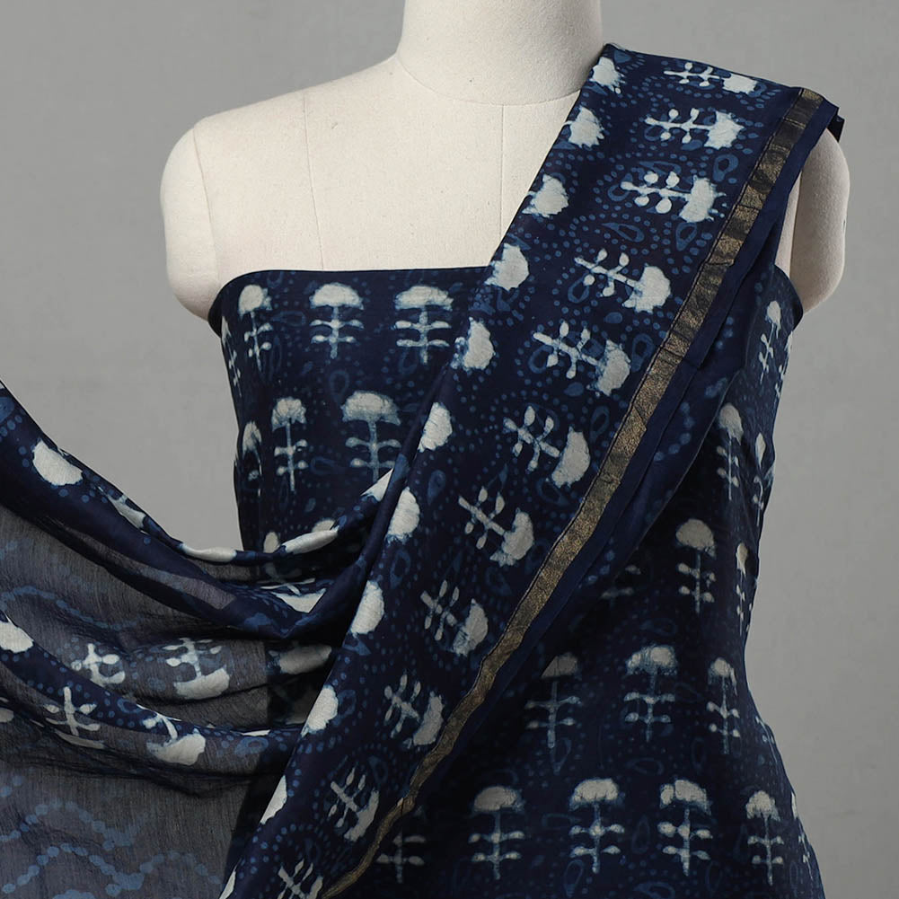 ARTISAN HAND BLOCK PRINTS Blue - 3pc Chanderi Silk Indigo Bagru Print Dress Material 03 - view 3