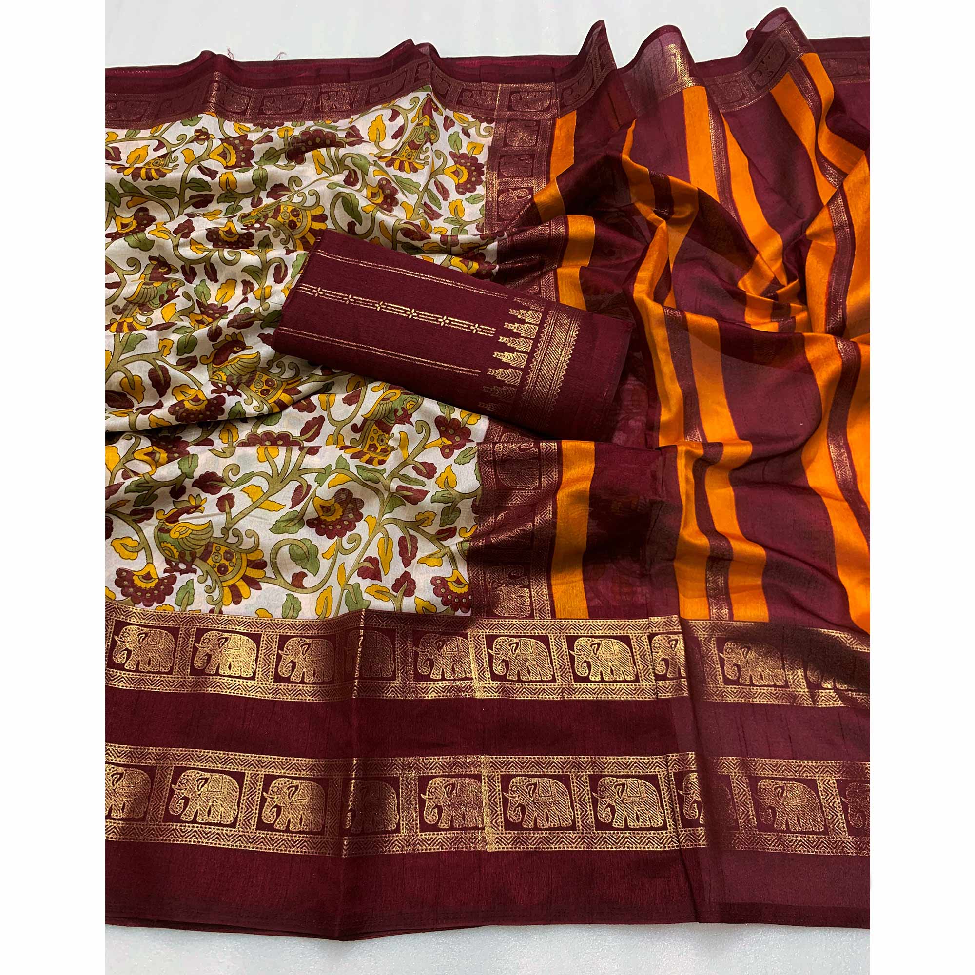 Peachmode Maroon Kalamkari Printed Dola Silk Saree - view 3