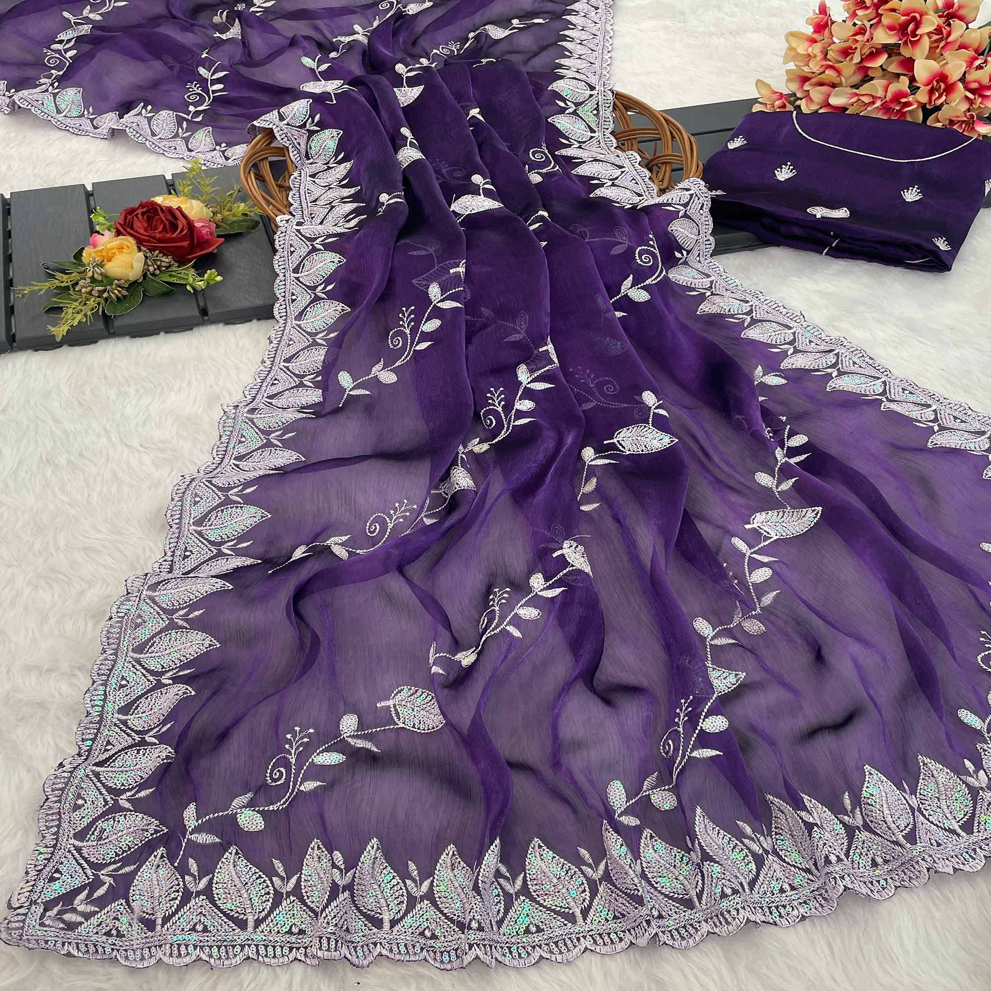 Peachmode Purple Sequins Embroidered Chiffon Saree