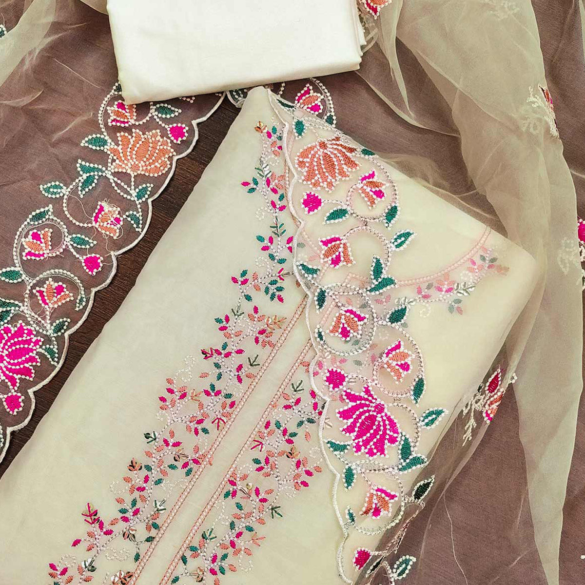 Peachmode Cream Floral Embroidered Chanderi Dress Material - view 2