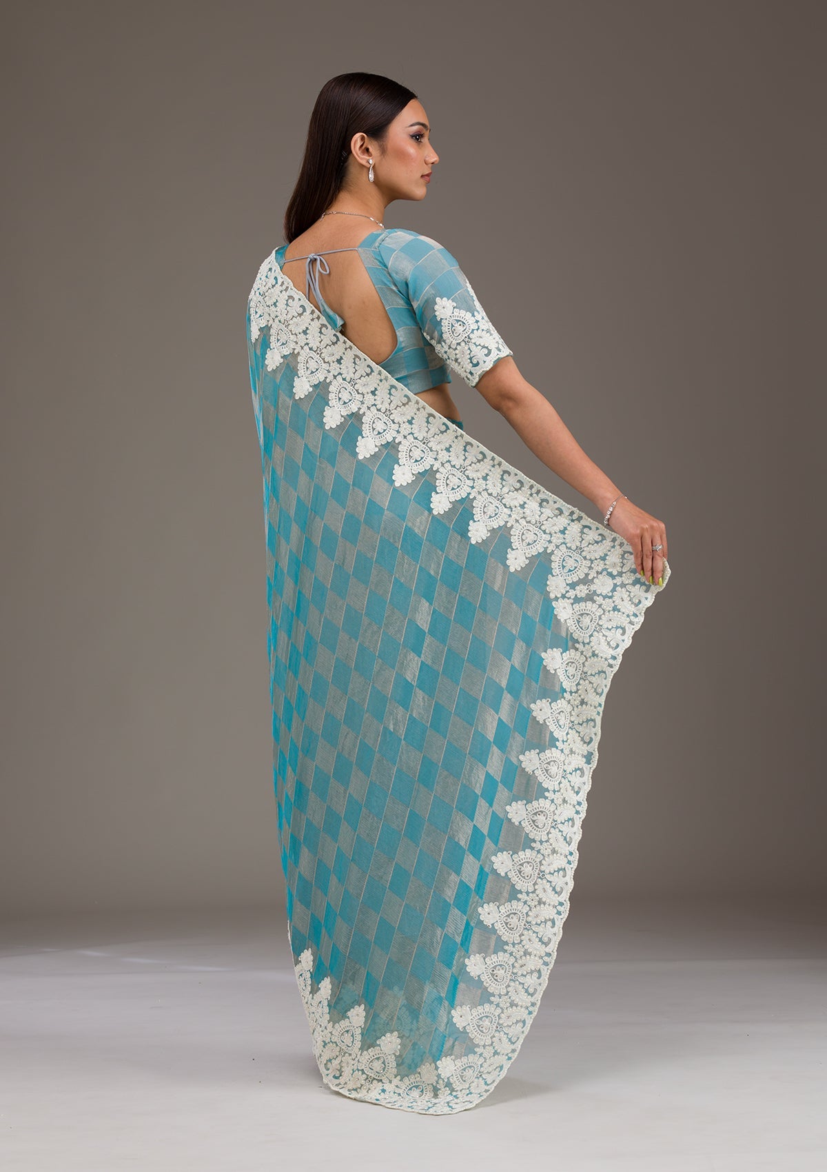 Koskii Turquoise Blue Pearlwork Tissue Saree – Women's - view 2