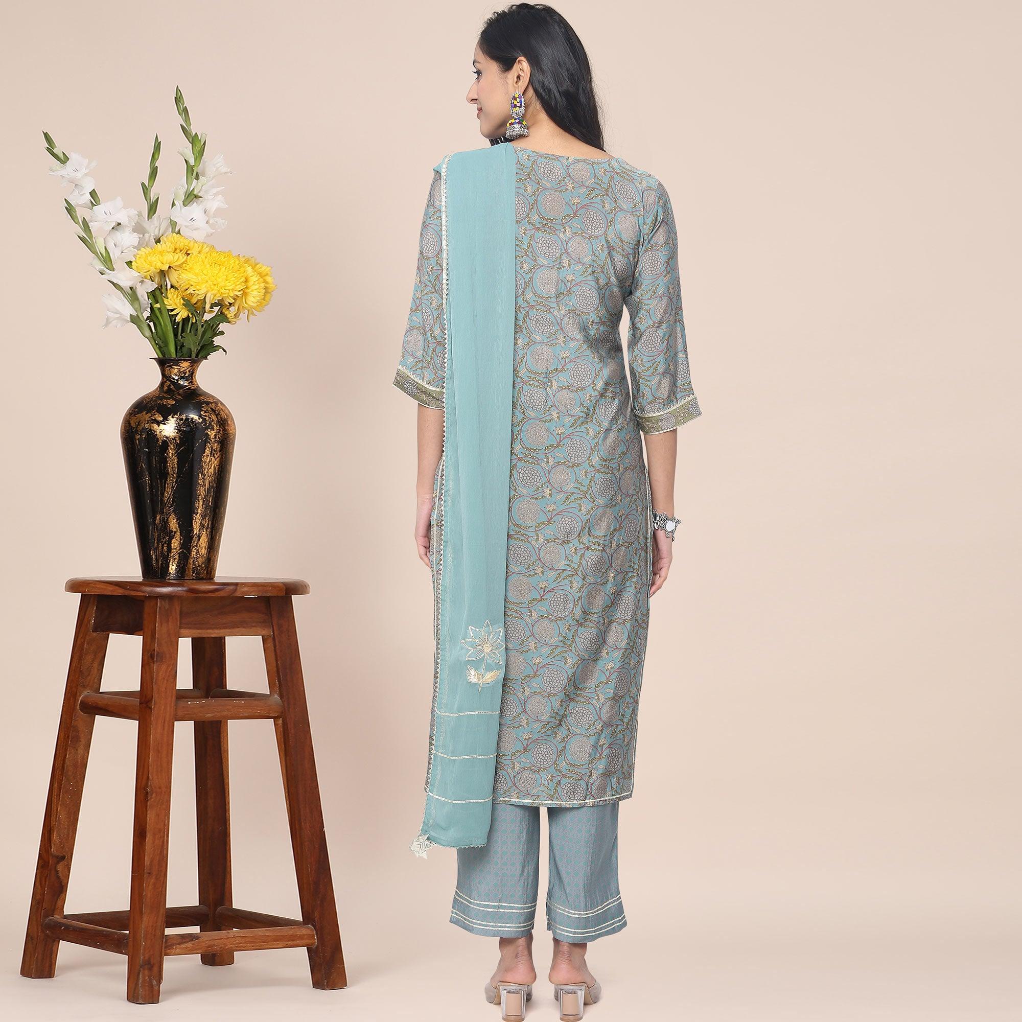 Peachmode Mehndi Green Patywear Floral Embroidered Cotton Silk Kurti Pant Set With Dupatta - view 2