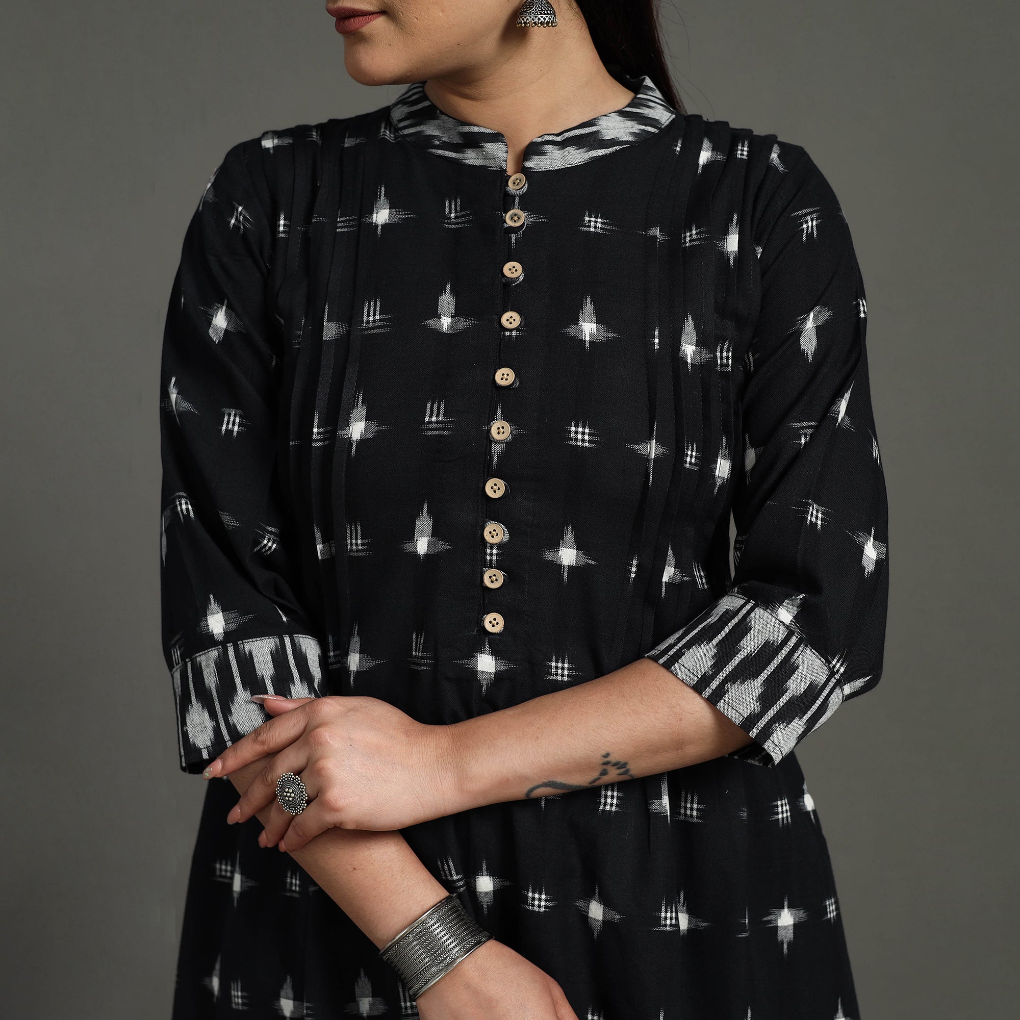 ITOKRI CASUALS Black - Handloom Cotton A-Line Pochampally Double Ikat Kurta 04 - view 4