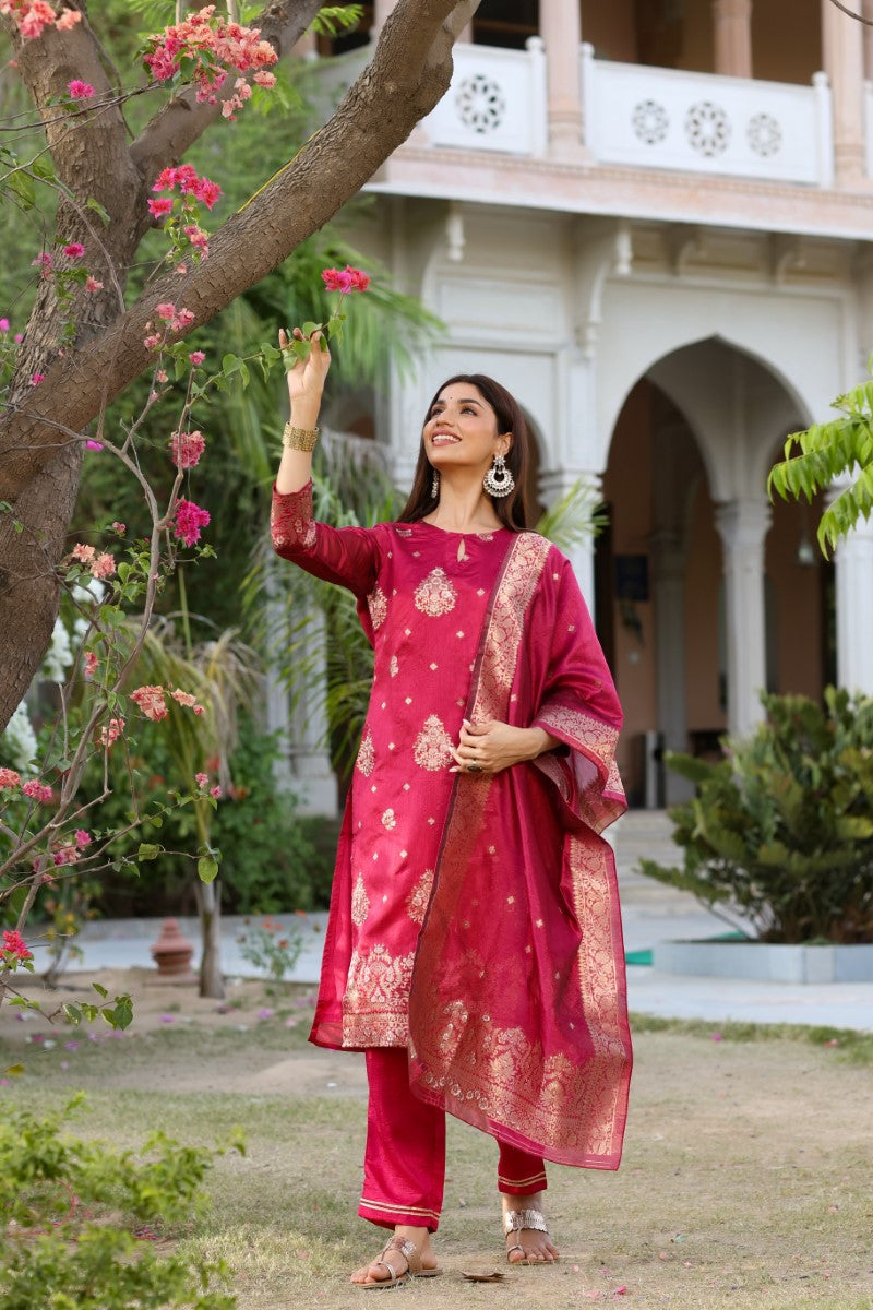 AHIKA Women Maroon Woven Design Kurta Trousers With Dupatta PKSKD1193 - view 8