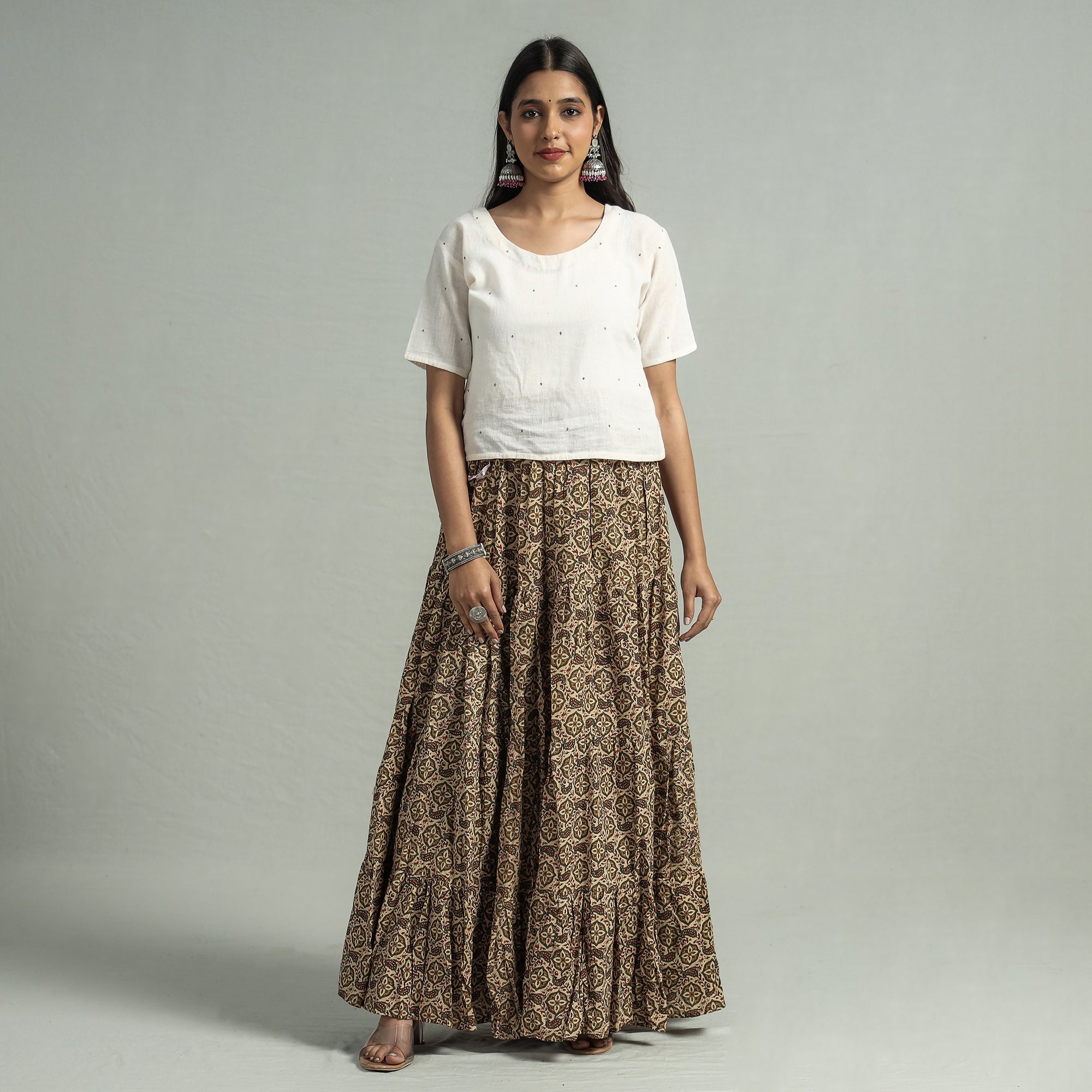 NOORI BAZAR Beige - Sanganeri Block Printed Tiered Cotton Long Skirt