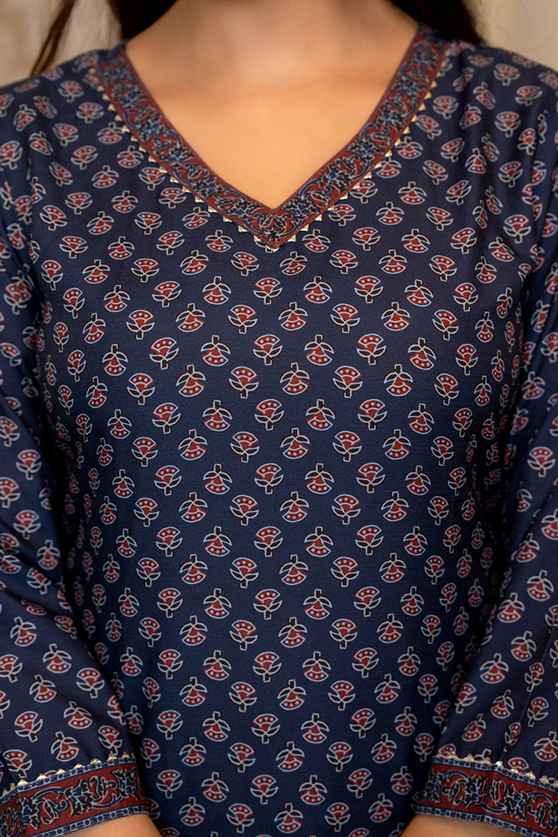 Ahika Navy Blue Rayon Blend Ajrakh Printed Straight Trouser Suit Set PKSKD2647 - view 3