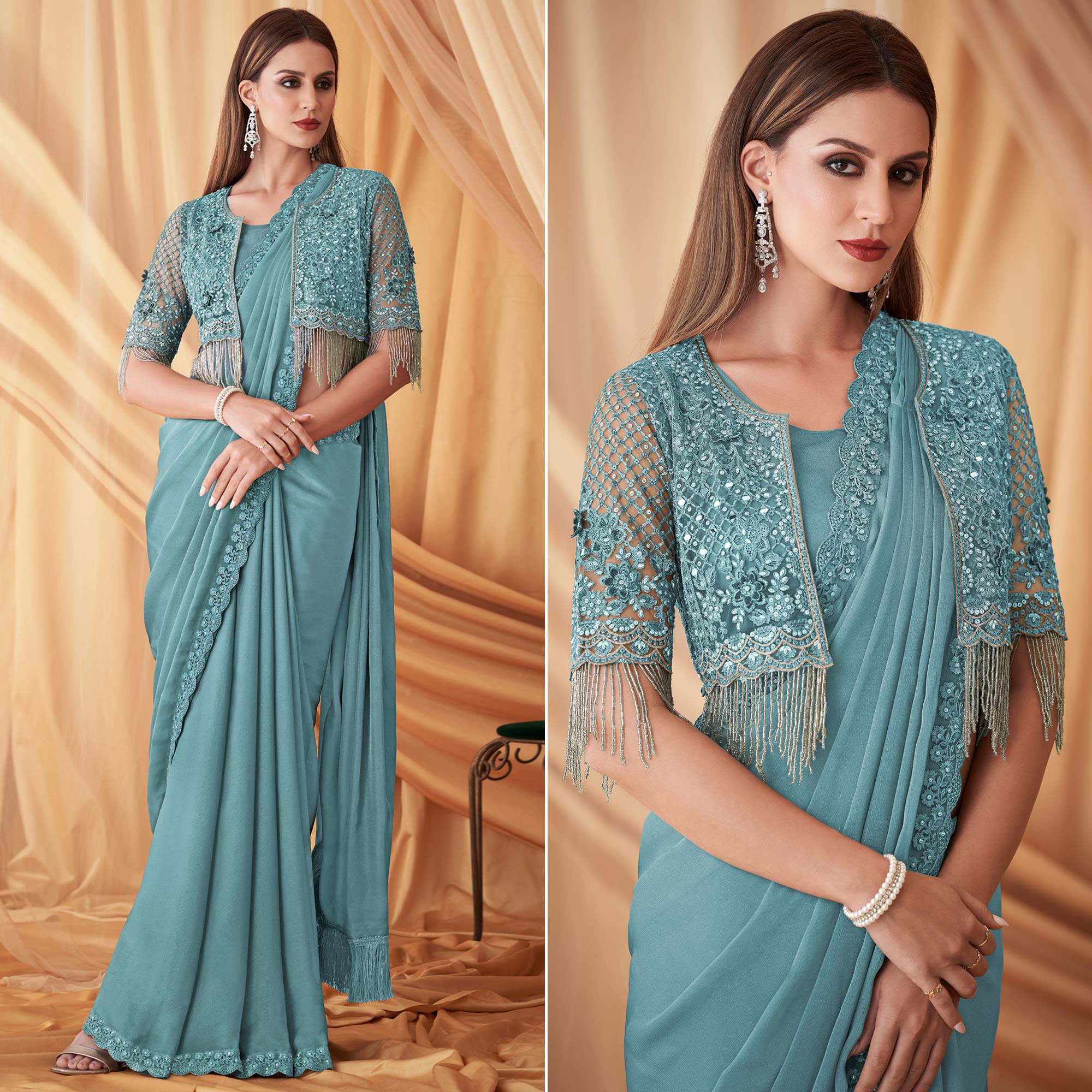 Peachmode Light Blue Embroidered Satin Saree With Jacket