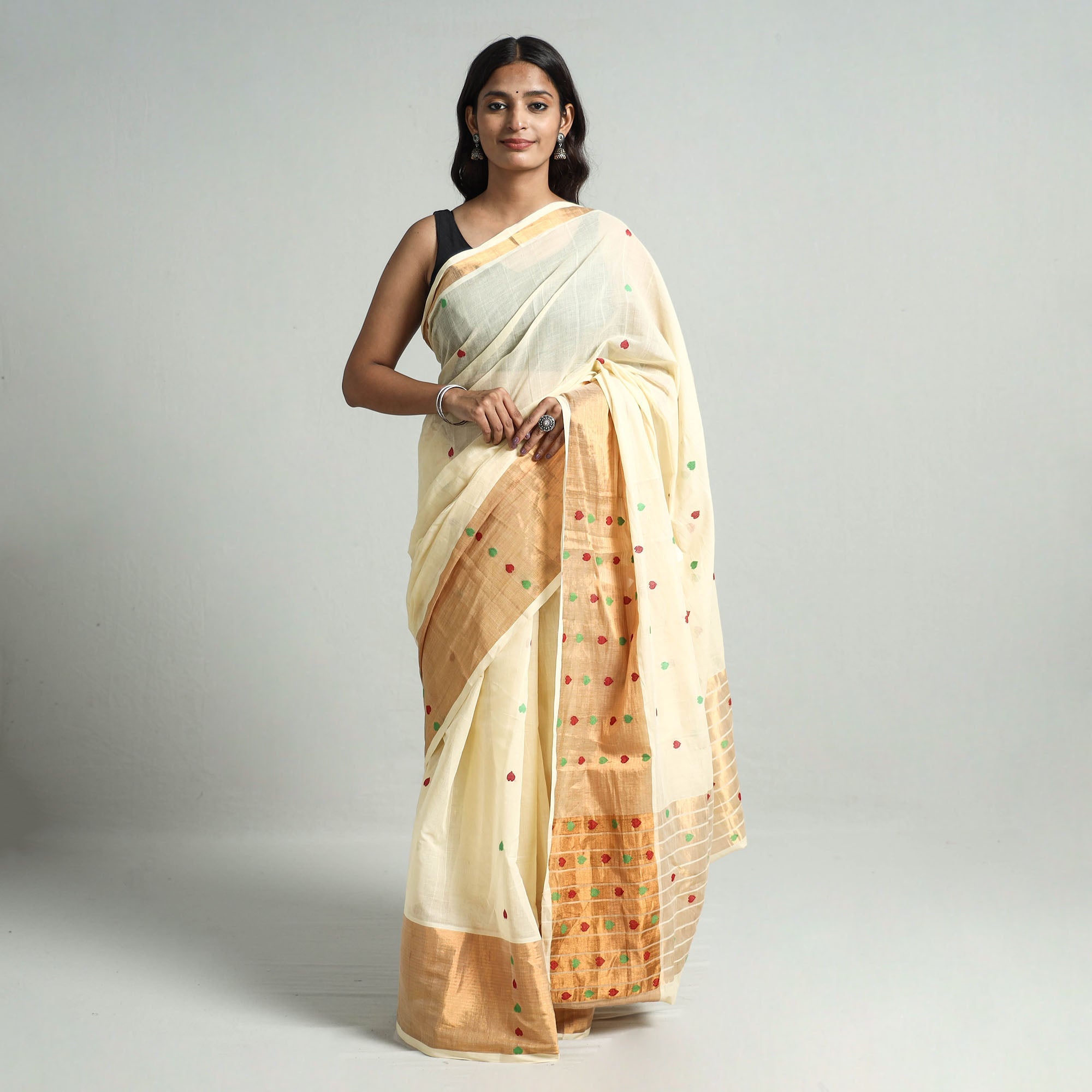 SOUTH KARGHA Beige - Traditional Venkatagiri Handloom Cotton Big Zari Border Saree with Thread Buti 20