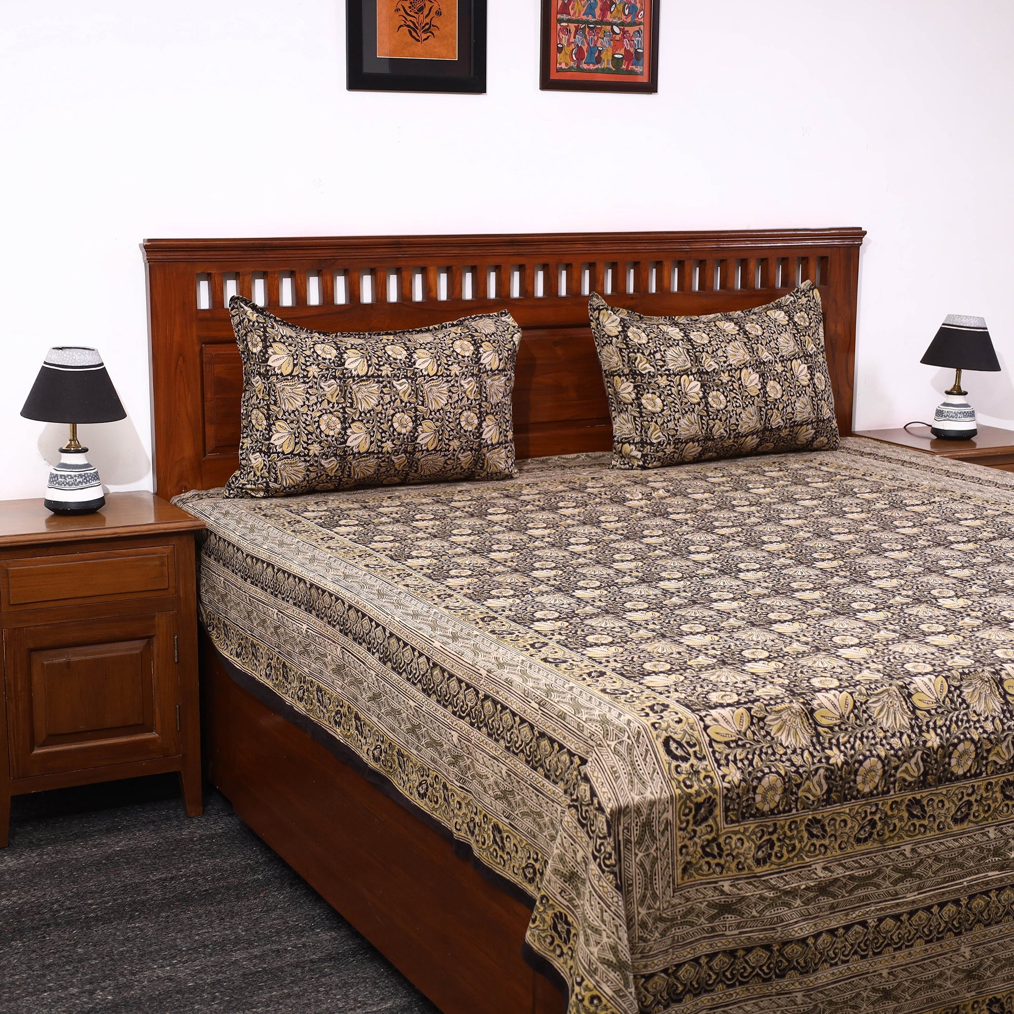 SOUTH KARGHA Brown - Kalamkari Block Printed Cotton Double Bed Cover with Pillow Covers (108 x 90 in)