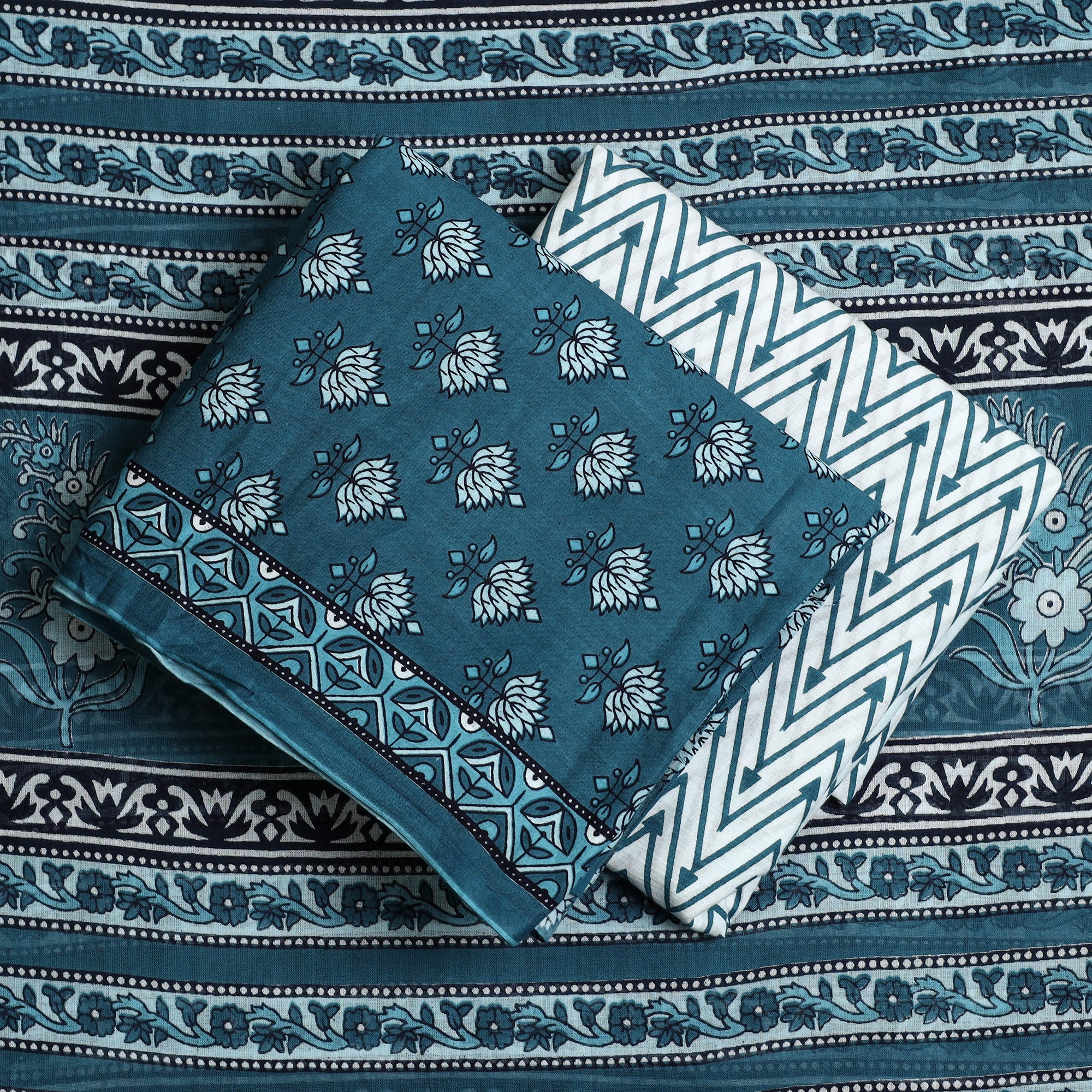 ARTISAN HAND BLOCK PRINTS Blue - 3pc Sanganeri Block Print Cotton Dress Material 11 - view 2