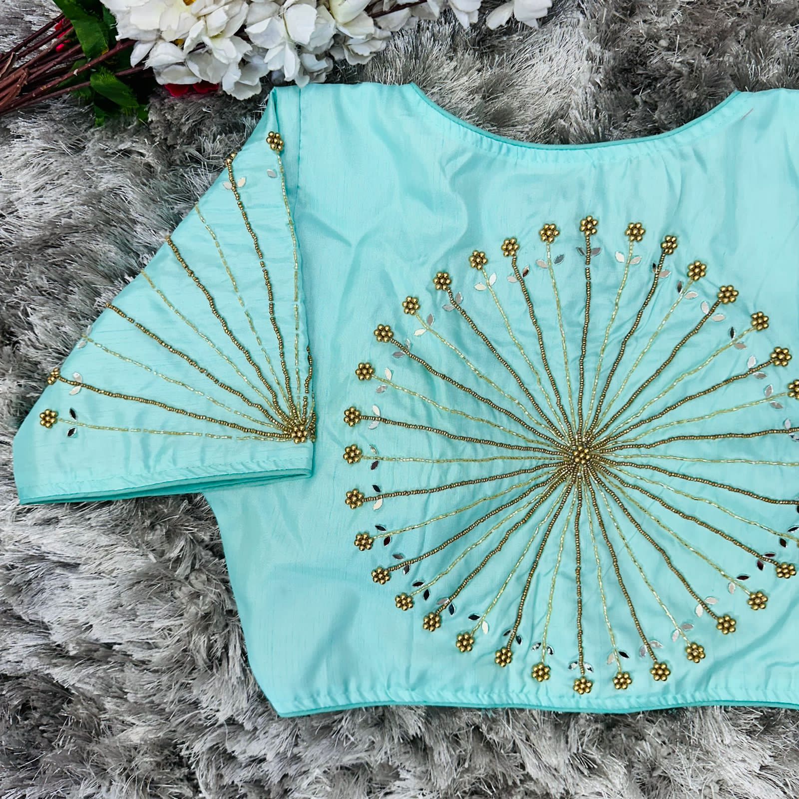 ClothsVilla Sky Blue Handcrafted tumtum silk Golden Blouse with Ambla Mirror Accents