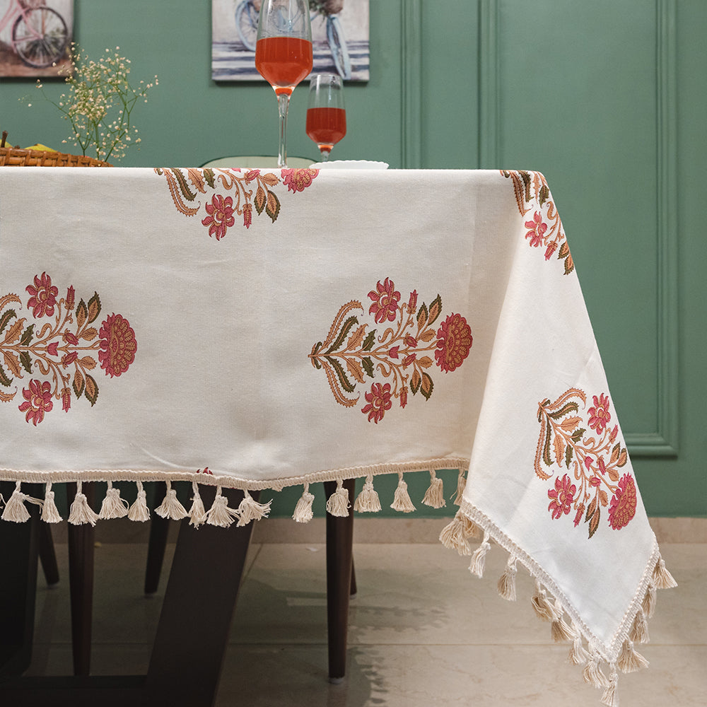 100 cotton dining – Urban Space Home Furnishing 100% Cotton Dining Table Cover, Printed Cotton Table Cloth with Boho Tassels -Liberty Maroon