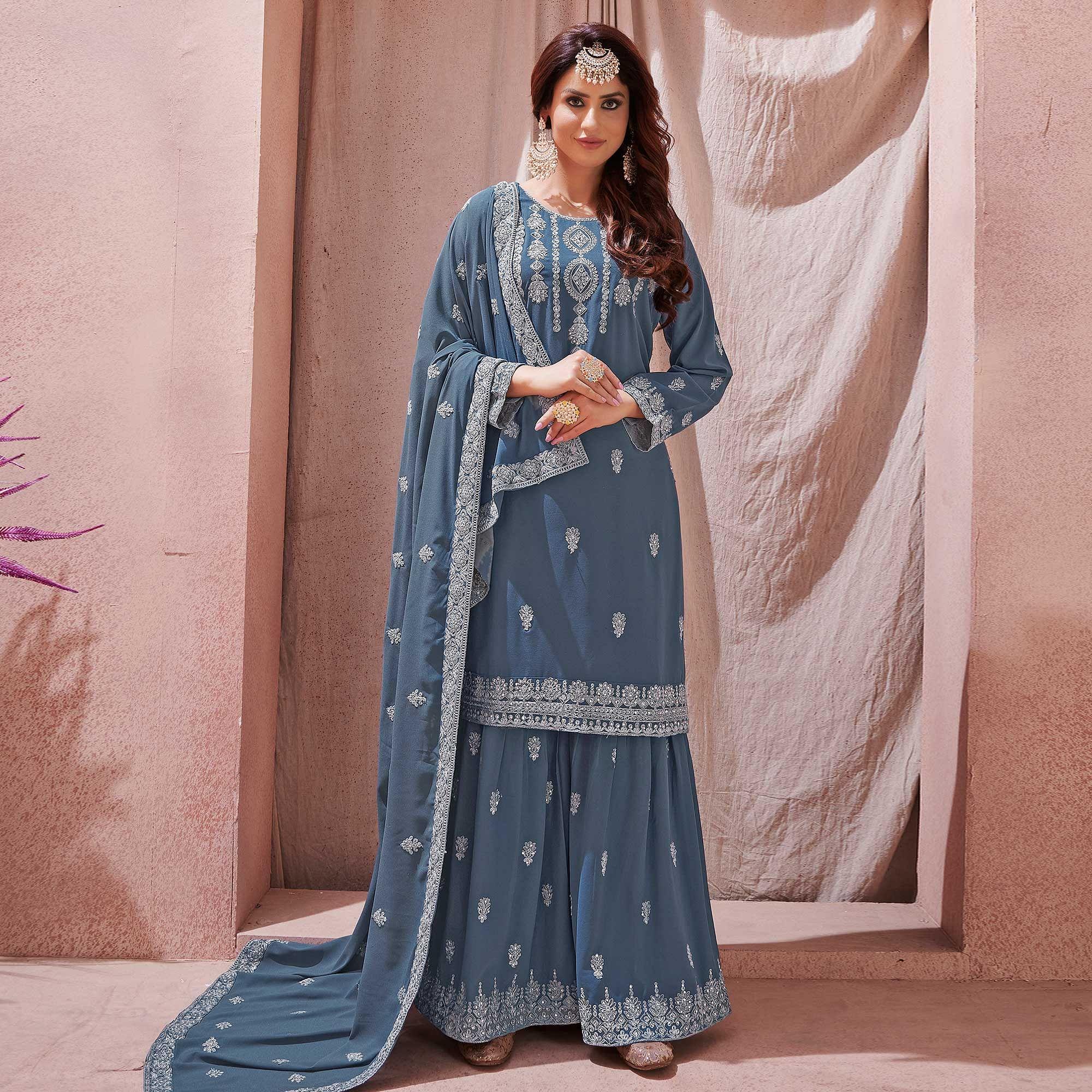 Peachmode Seller Grey Partywear Embroidered With Embellished Georgette Sharara Suit - view 2