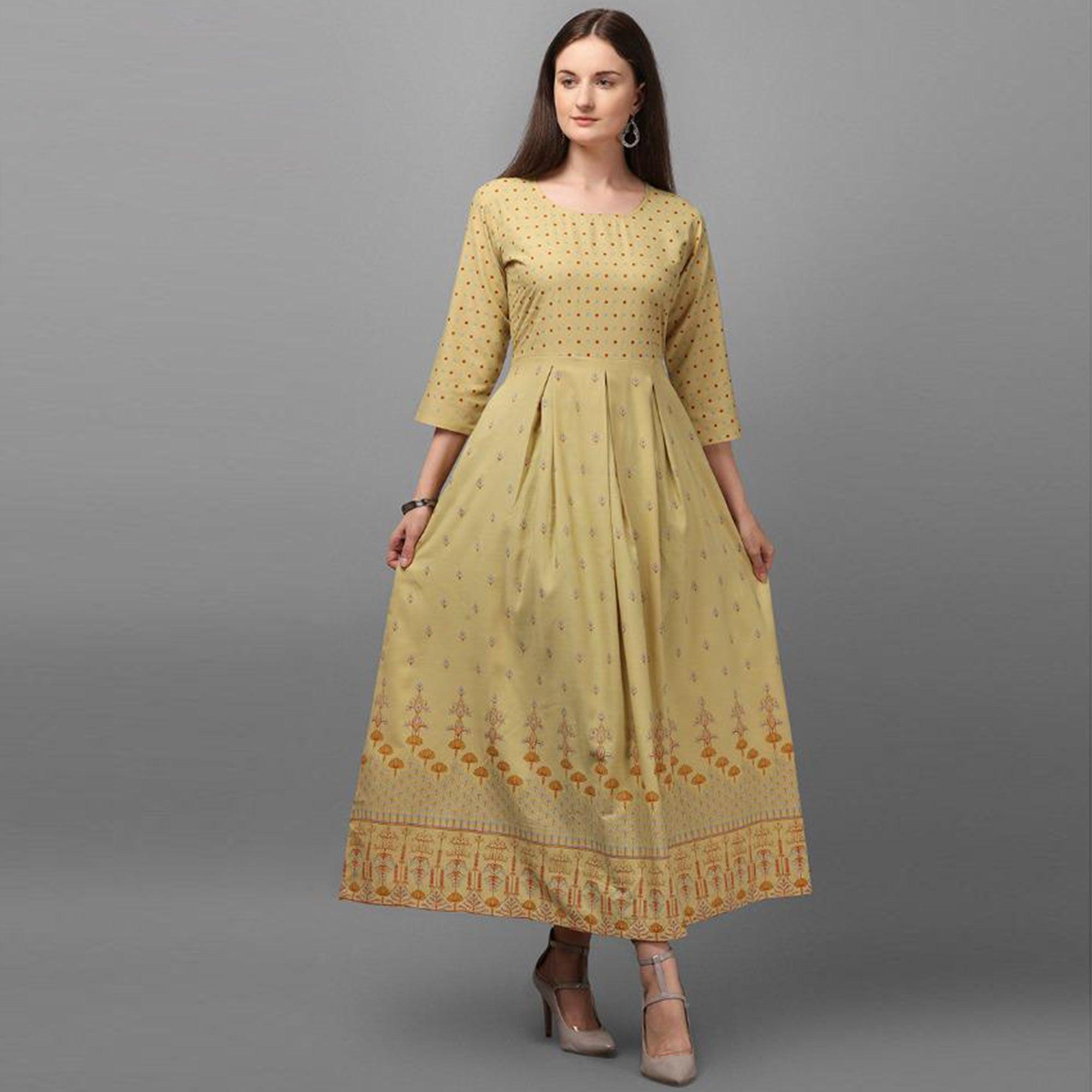Peachmode Seller Marvellous Beige Coloured Casual Wear Printed Rayon Malai Kurti